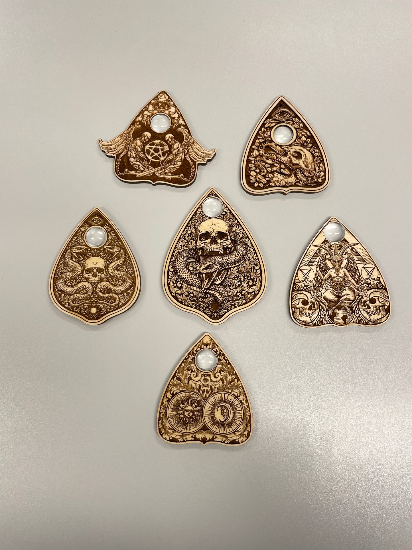 Ouija Planchette Set – Functional Engraved Wooden Spirit Board Planchettes Gothic Occult Collection - Forgotten Engravings