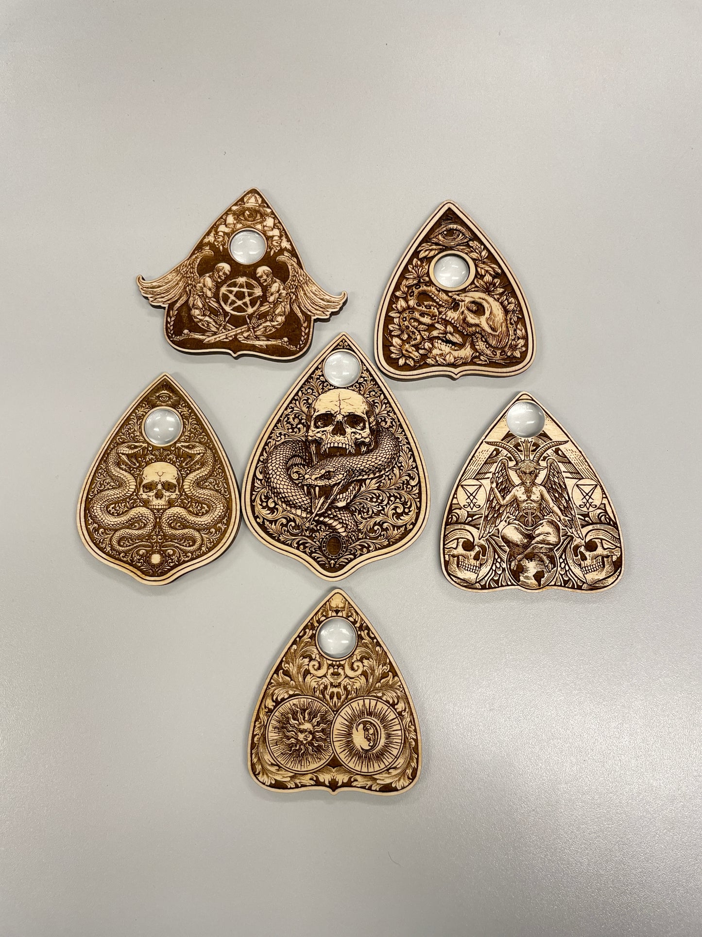 handmade wooden ouija planchette set detailed engraving gothic spirit board tools