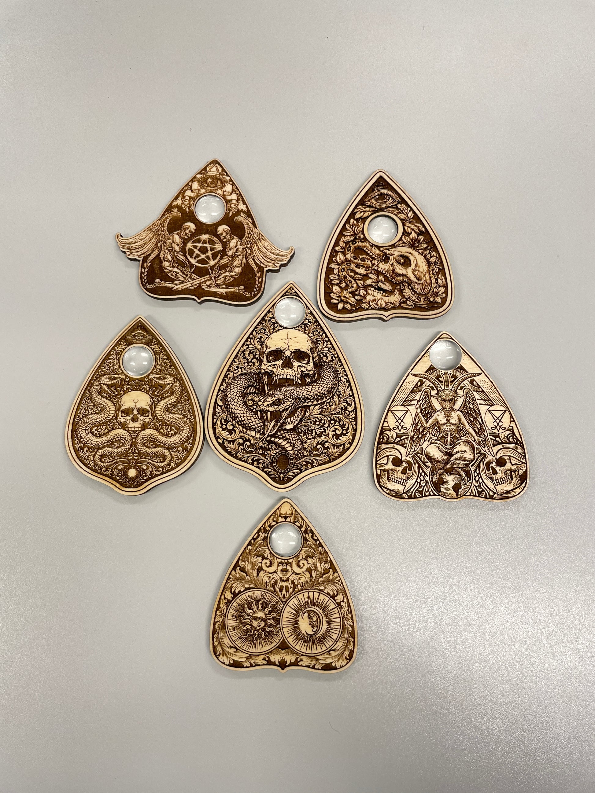 handmade wooden ouija planchette set detailed engraving gothic spirit board tools