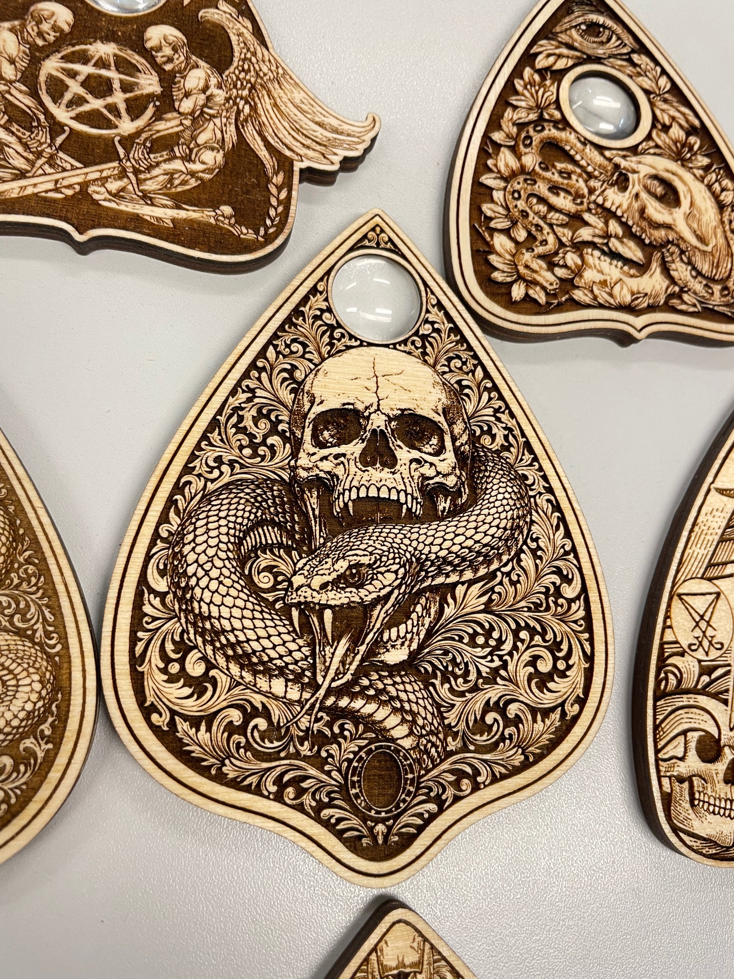 Ouija Planchette Set – Functional Engraved Wooden Spirit Board Planchettes Gothic Occult Collection - Forgotten Engravings