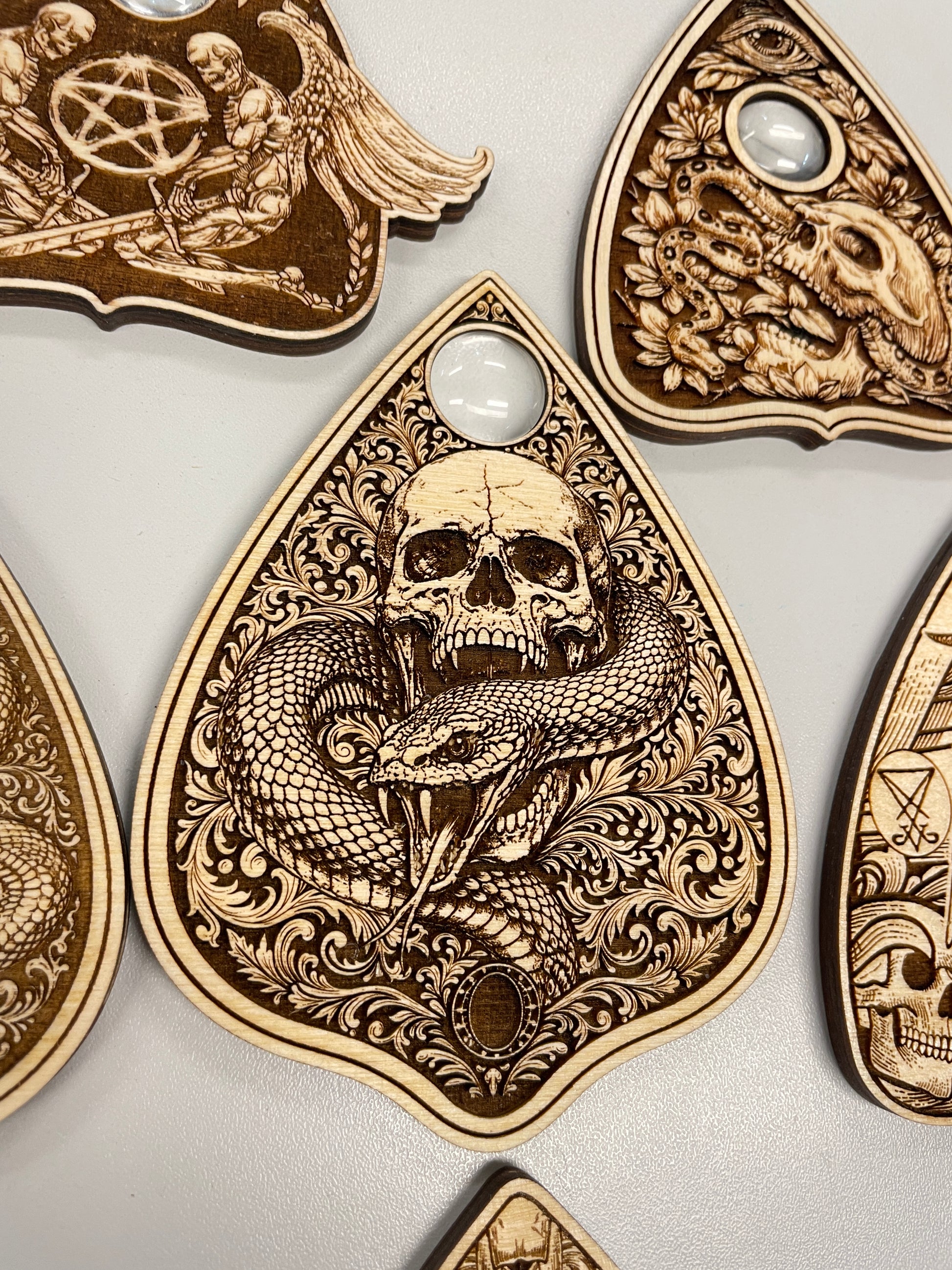Ouija Planchette Set – Functional Engraved Wooden Spirit Board Planchettes Gothic Occult Collection - Forgotten Engravings