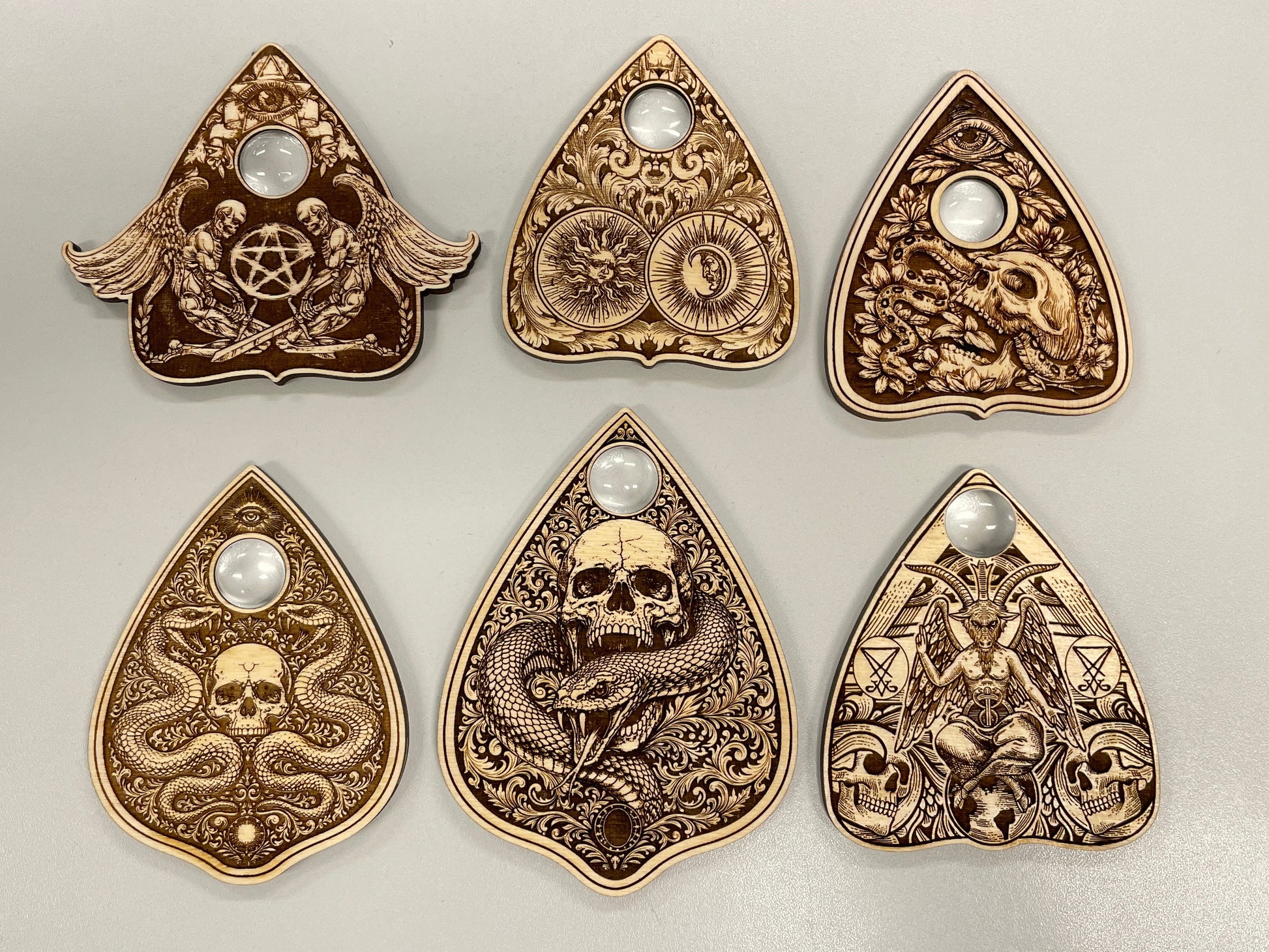 functional ouija planchette set engraved wood spirit board tools gothic occult designs