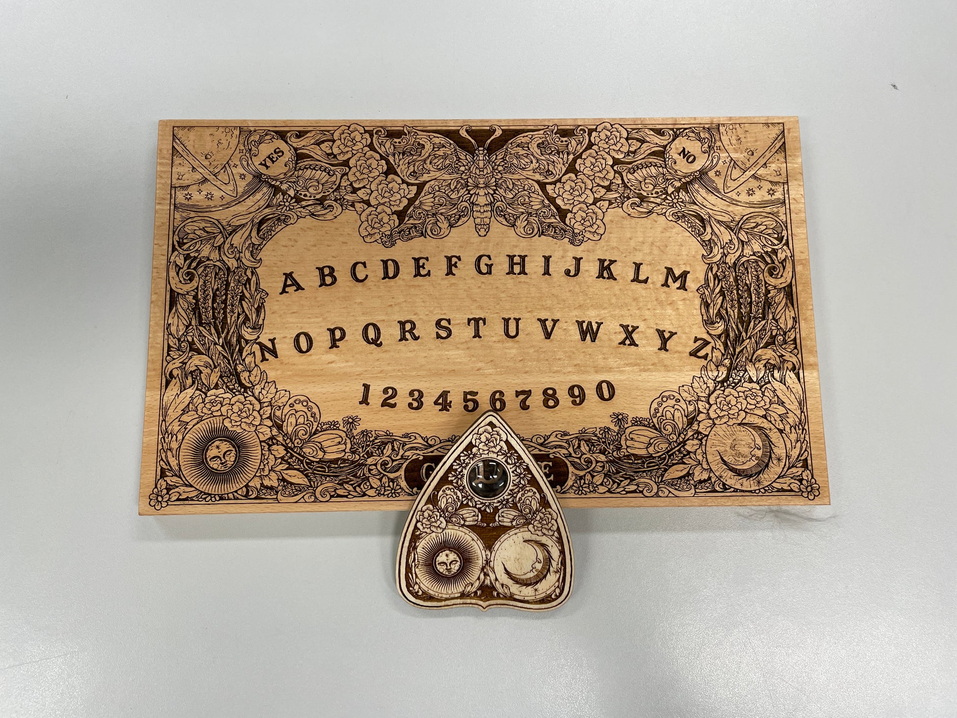 Ouija board game with flowers and butterflies, floral and cosmic spirit board with wiccan elements - Forgotten Engravings
