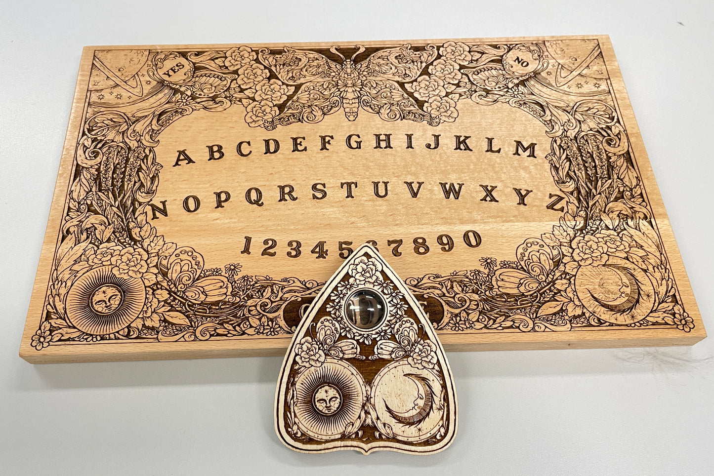 Ouija board game with flowers and butterflies, floral and cosmic spirit board with wiccan elements - Forgotten Engravings