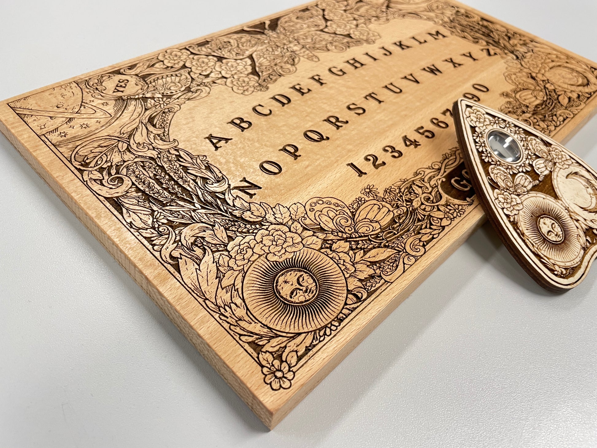 Ouija board game with flowers and butterflies, floral and cosmic spirit board with wiccan elements - Forgotten Engravings
