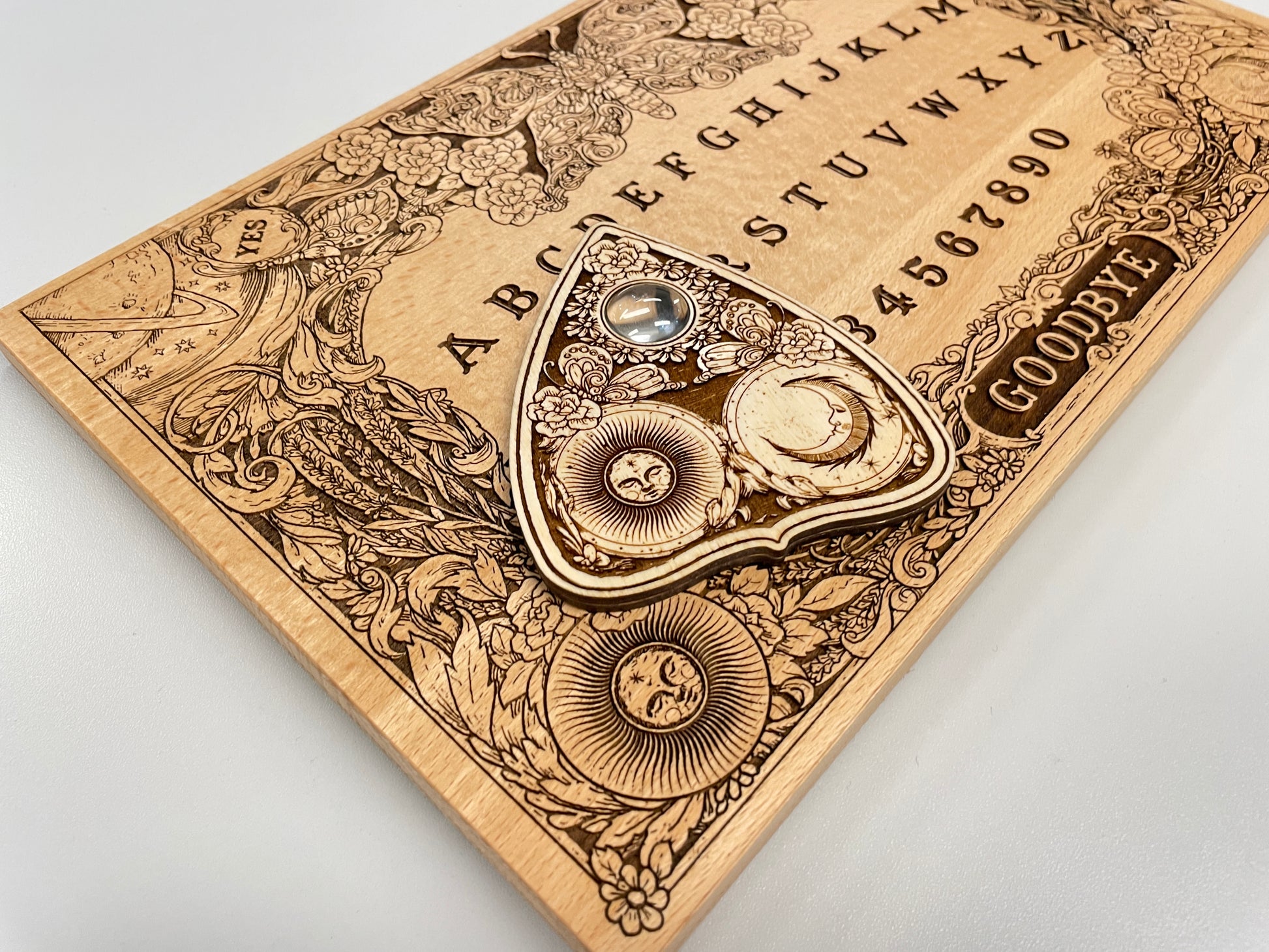 Ouija board game with flowers and butterflies, floral and cosmic spirit board with wiccan elements - Forgotten Engravings
