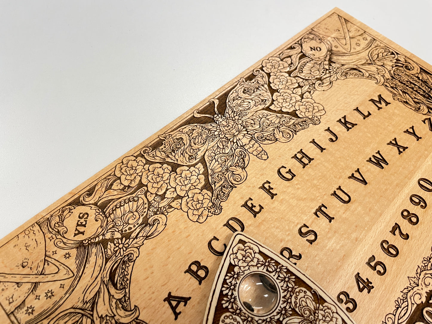 Ouija board game with flowers and butterflies, floral and cosmic spirit board with wiccan elements - Forgotten Engravings