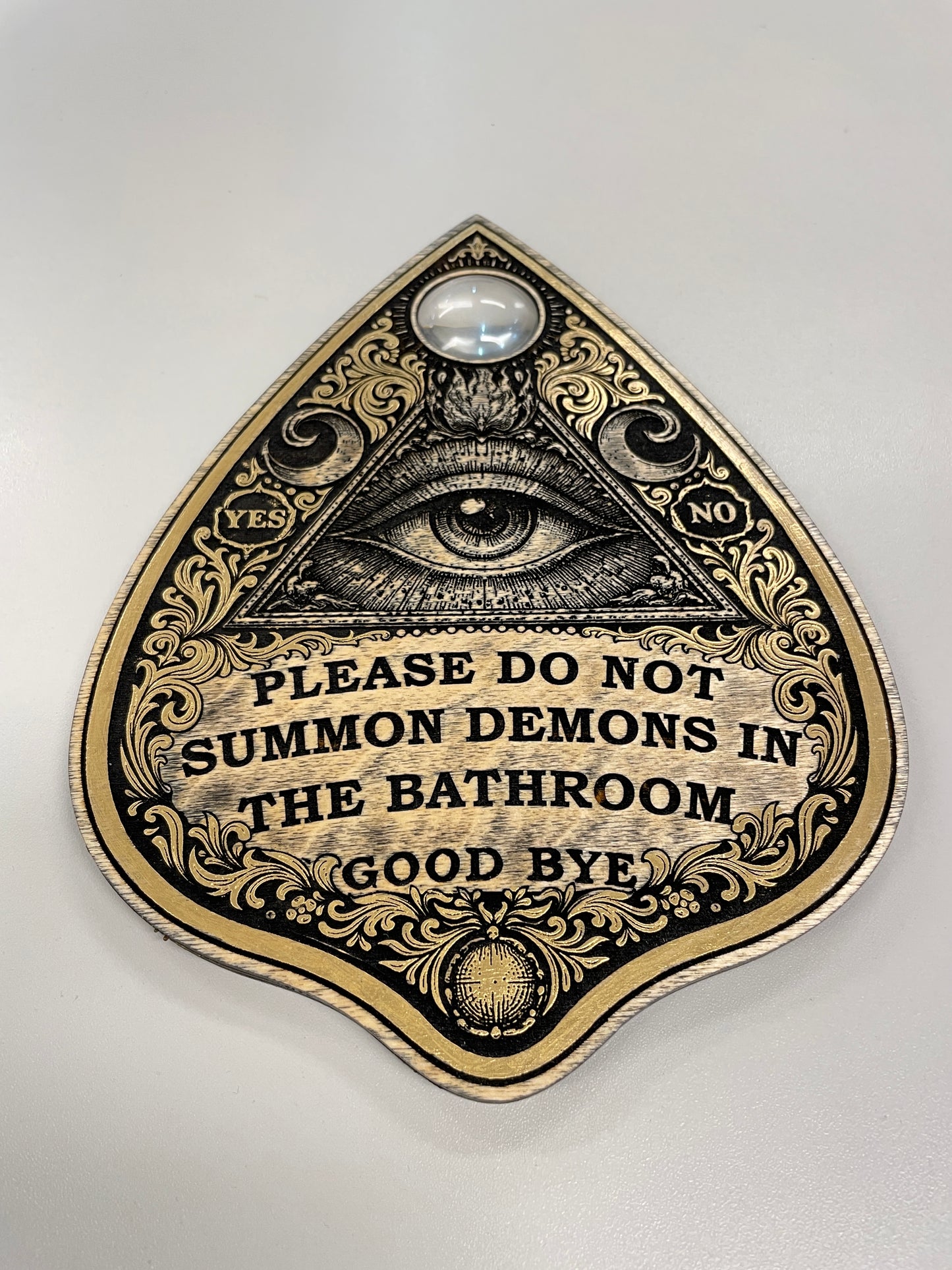 Occult Humor Ouija Planchette Wall Art – “Please Do Not Summon Demons in the Bathroom” Decor