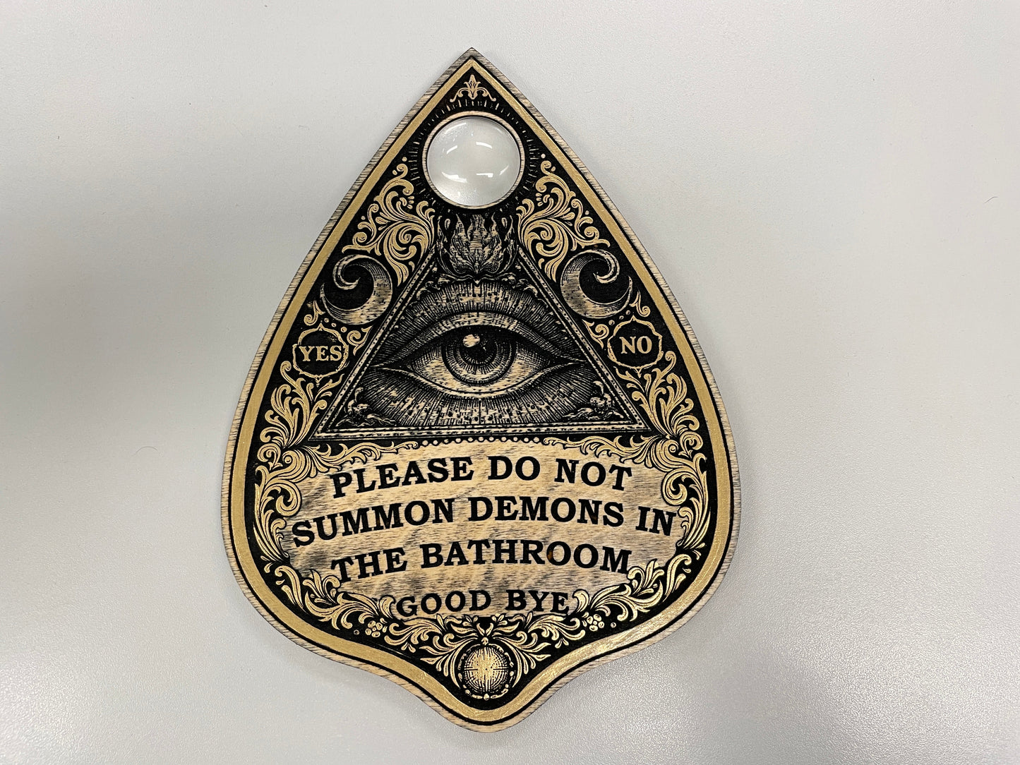 Occult Humor Ouija Planchette Wall Art – “Please Do Not Summon Demons in the Bathroom” Decor