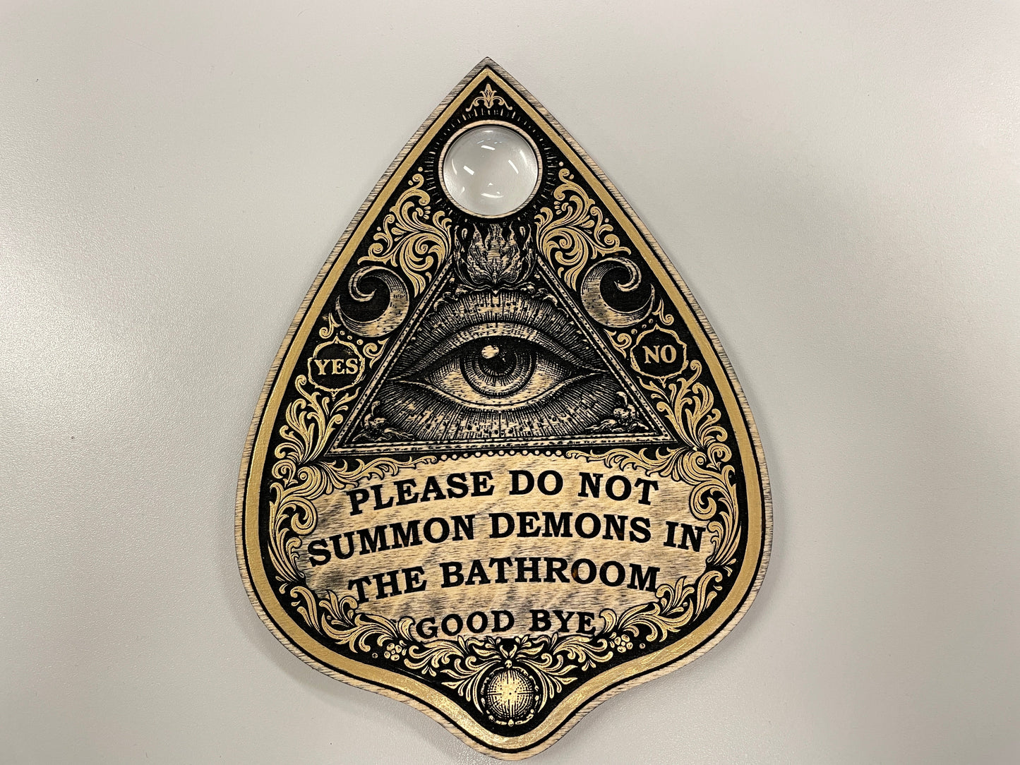 Occult Humor Ouija Planchette Wall Art – “Please Do Not Summon Demons in the Bathroom” Decor