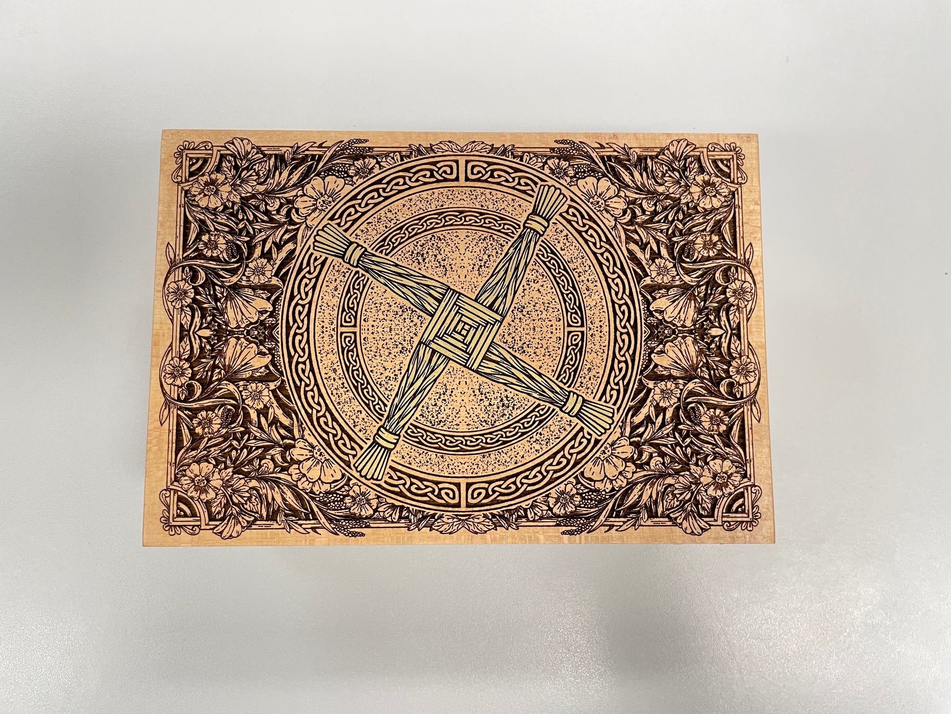 Wiccan altar storage box with Celtic St Brigid  cross engraving and grounding tiger eye stones