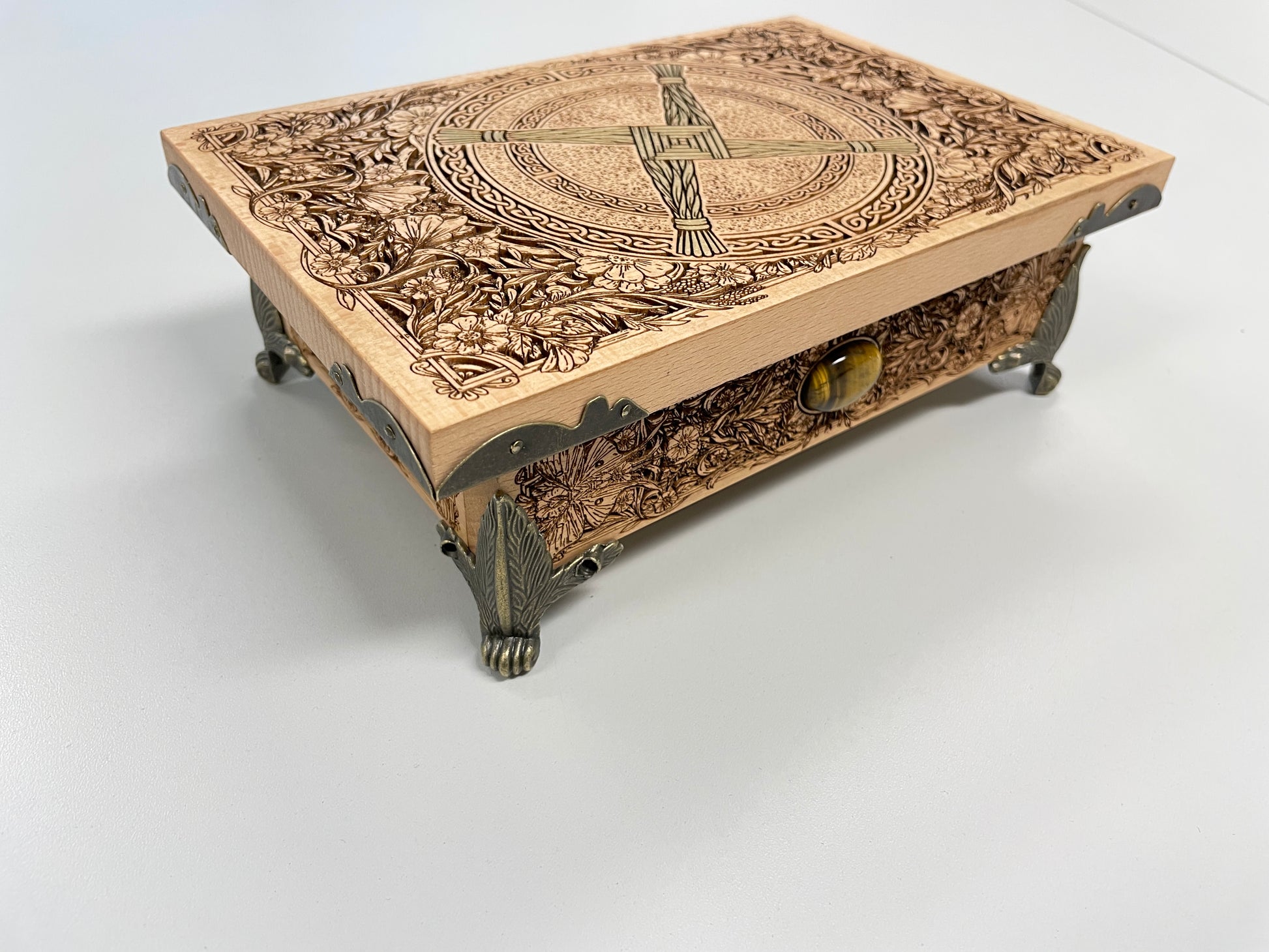 St. Brigid Altar Box – Celtic Brigid’s Cross Engraved Wooden Keepsake Chest with Tiger Eye Stones - Forgotten Engravings