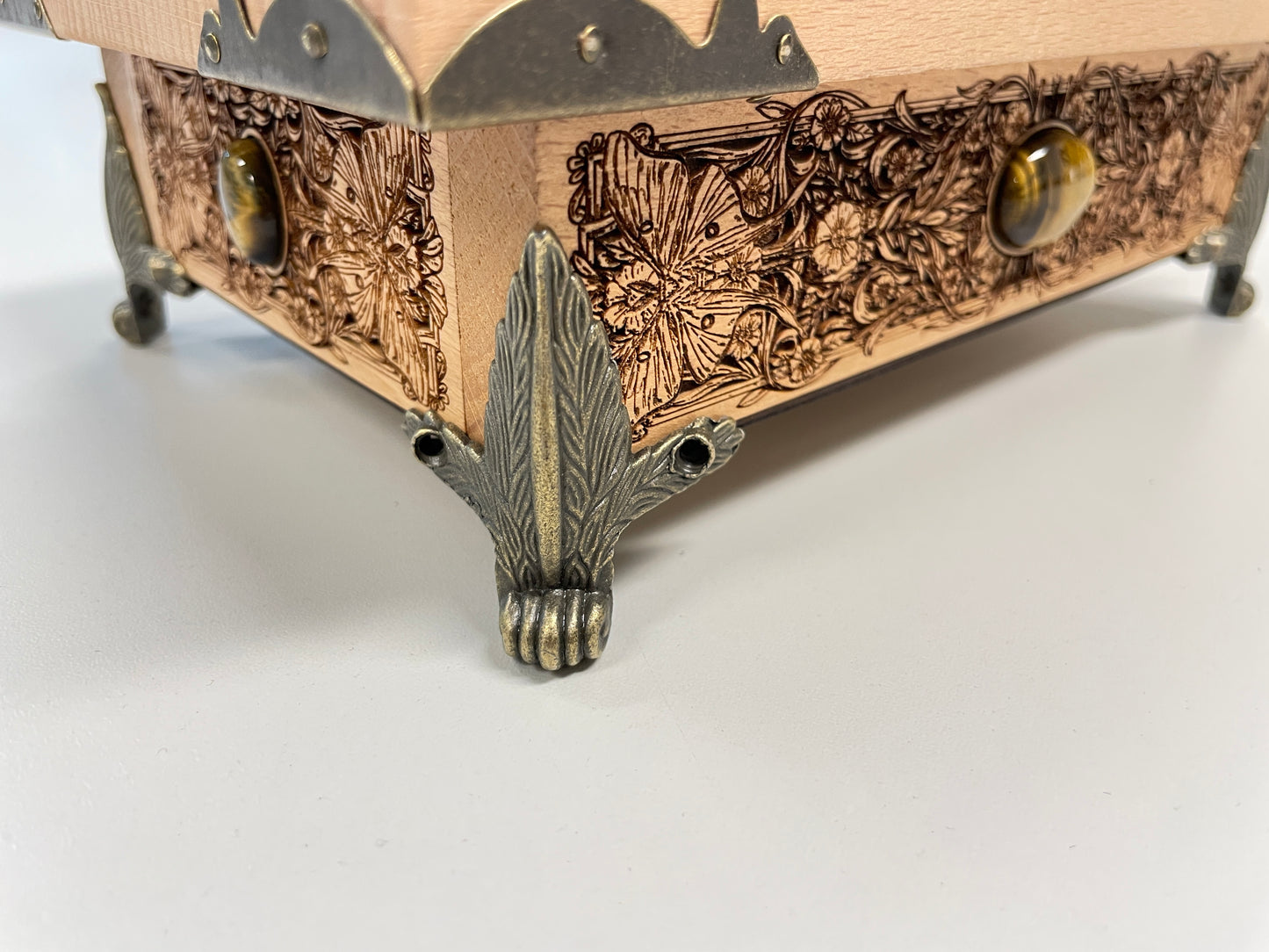 St. Brigid Altar Box – Celtic Brigid’s Cross Engraved Wooden Keepsake Chest with Tiger Eye Stones - Forgotten Engravings