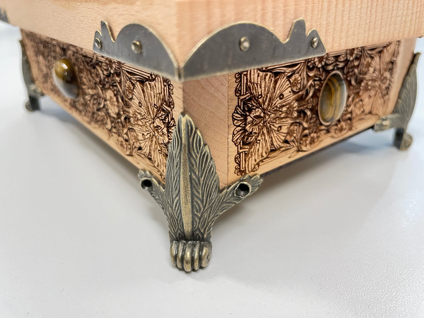 St. Brigid Altar Box – Celtic Brigid’s Cross Engraved Wooden Keepsake Chest with Tiger Eye Stones - Forgotten Engravings