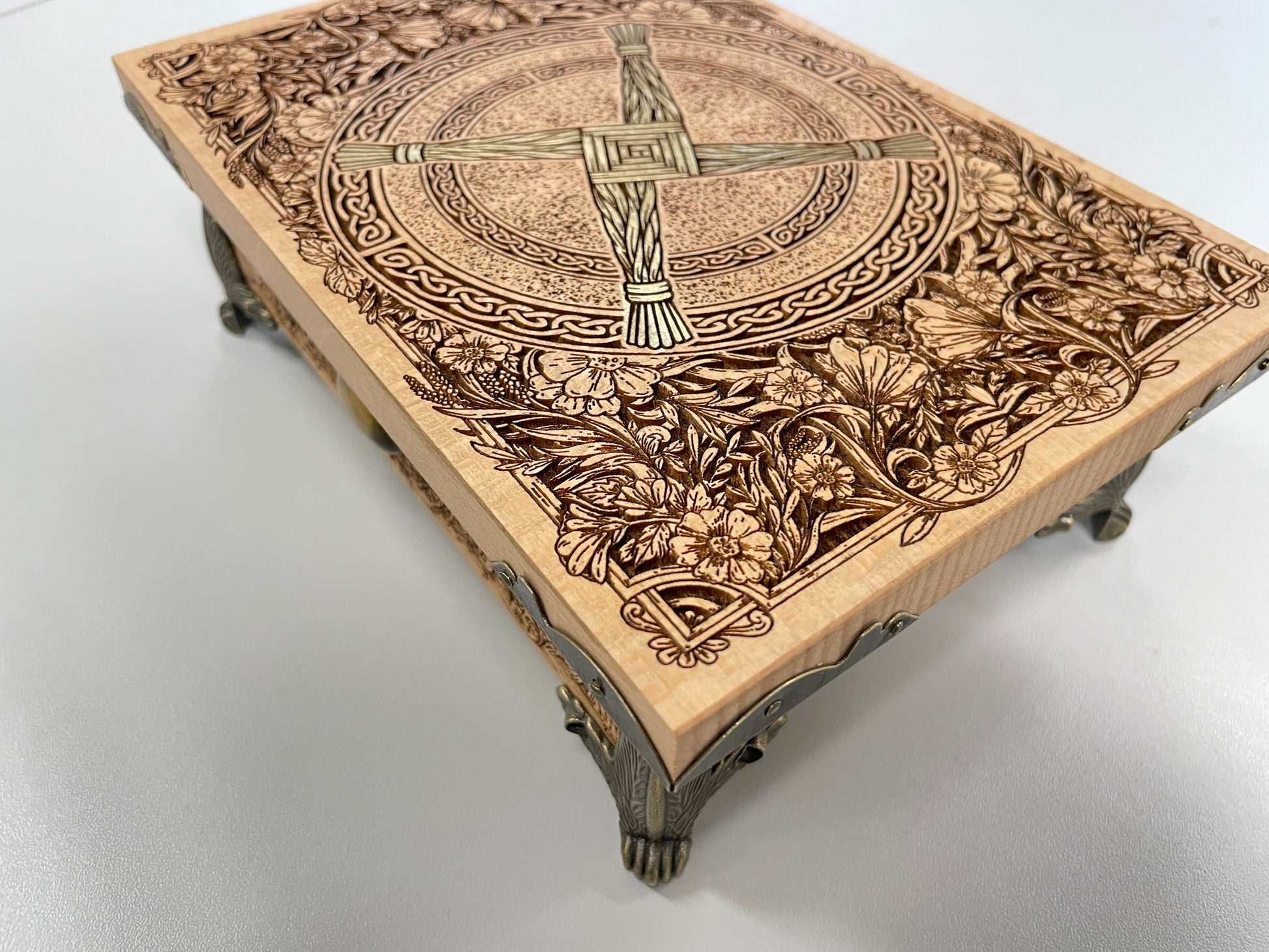 St. Brigid Altar Box – Celtic Brigid’s Cross Engraved Wooden Keepsake Chest with Tiger Eye Stones - Forgotten Engravings