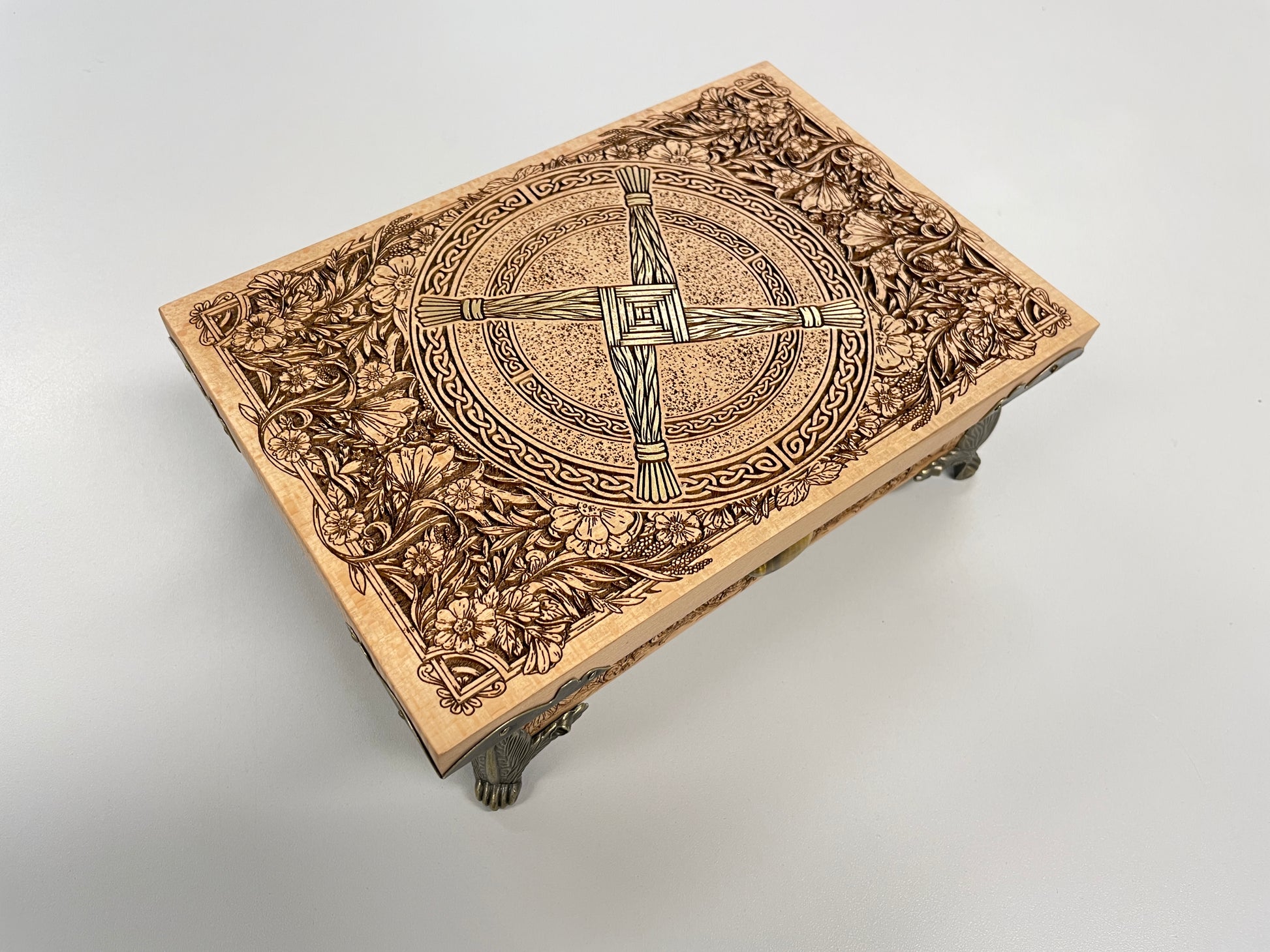St. Brigid Altar Box – Celtic Brigid’s Cross Engraved Wooden Keepsake Chest with Tiger Eye Stones - Forgotten Engravings