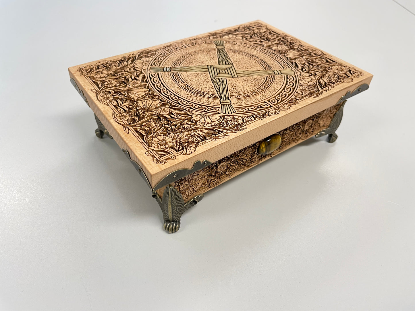 St. Brigid Altar Box – Celtic Brigid’s Cross Engraved Wooden Keepsake Chest with Tiger Eye Stones - Forgotten Engravings