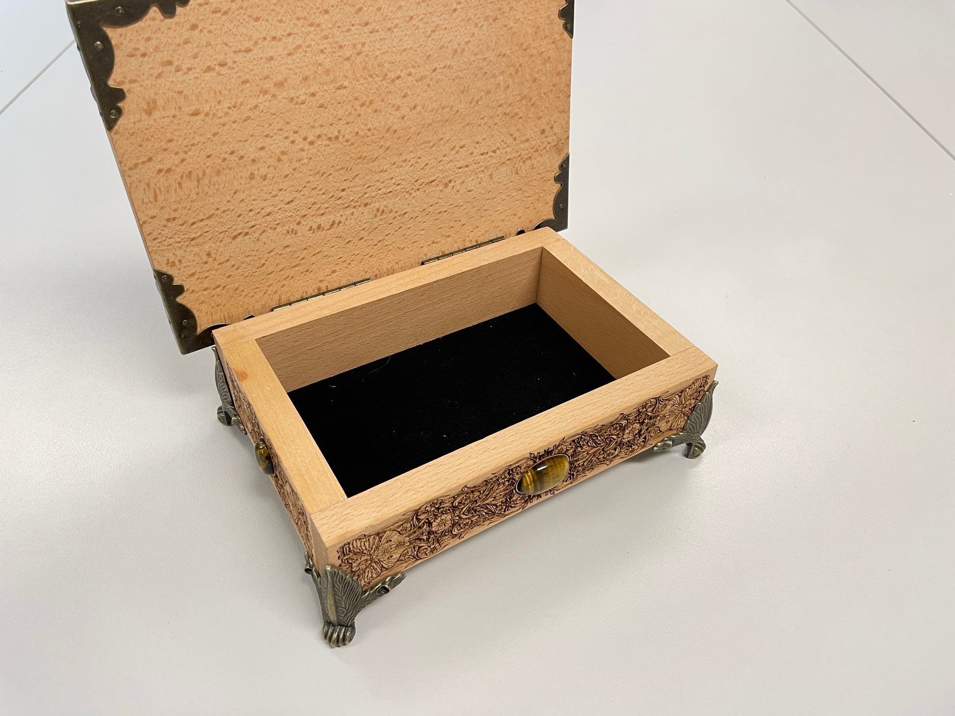 St. Brigid Altar Box – Celtic Brigid’s Cross Engraved Wooden Keepsake Chest with Tiger Eye Stones - Forgotten Engravings