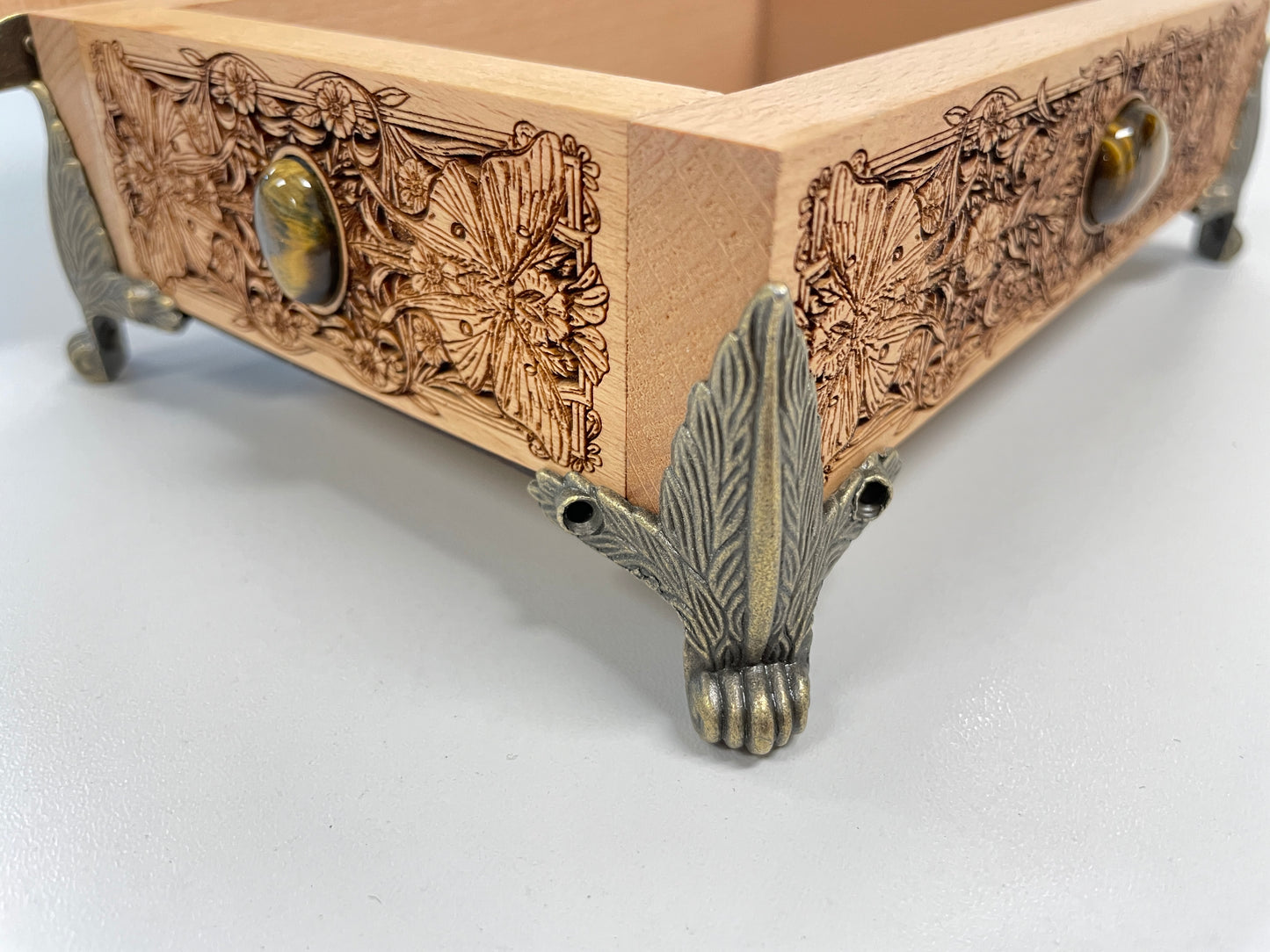 St. Brigid Altar Box – Celtic Brigid’s Cross Engraved Wooden Keepsake Chest with Tiger Eye Stones - Forgotten Engravings
