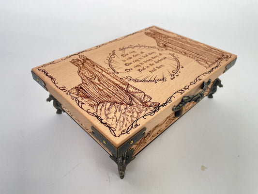 One Ring Tolkien quote wooden storage box engraved in solid wood with brass feet, fantasy inspired keepsake box ideal gift for Lord of the Rings fans
