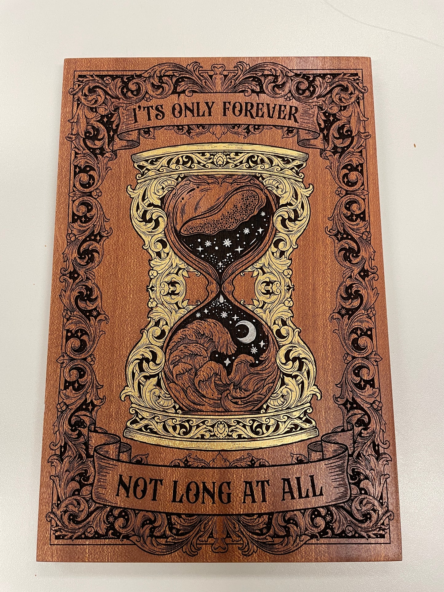 Mahogany Labyrinth wall art featuring iconic Labyrinth movie quote and ornate hourglass design
