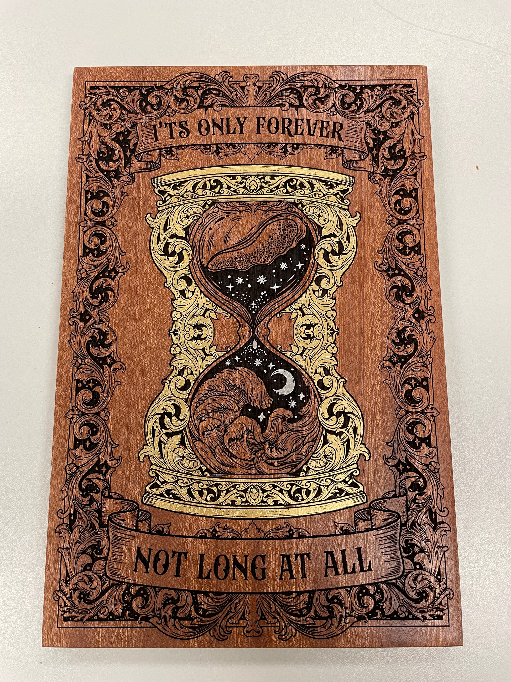 Mahogany Labyrinth wall art featuring iconic Labyrinth movie quote and ornate hourglass design
