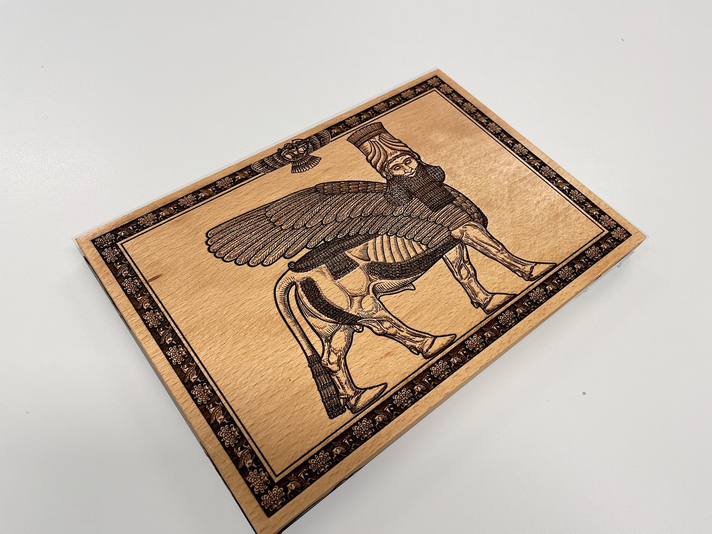 Ancient aliens Lamassu Anunnaki winged bull engraved wooden wall art panel