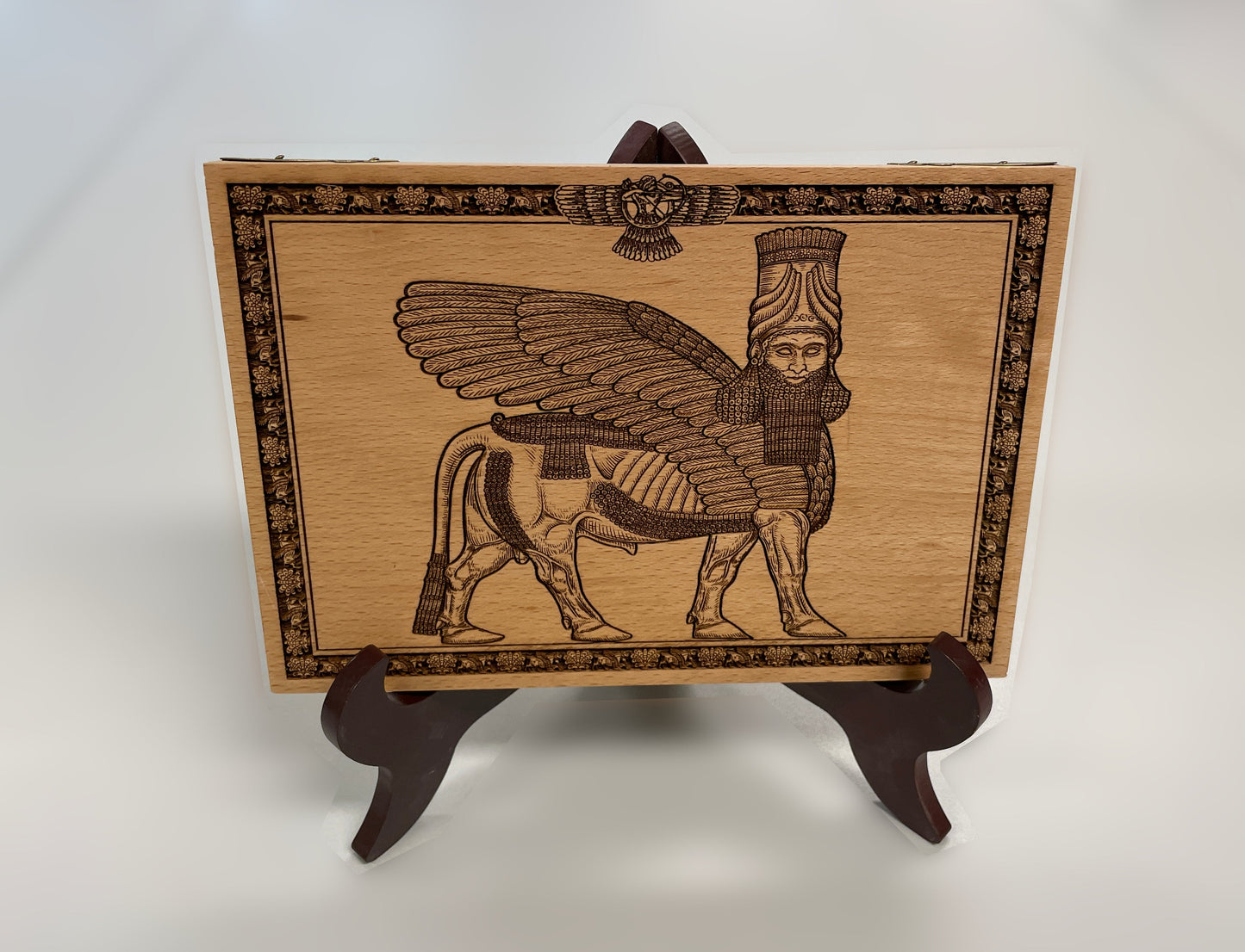 Anunnaki Lamassu wall art engraved in solid beech wood ancient Assyrian winged guardian