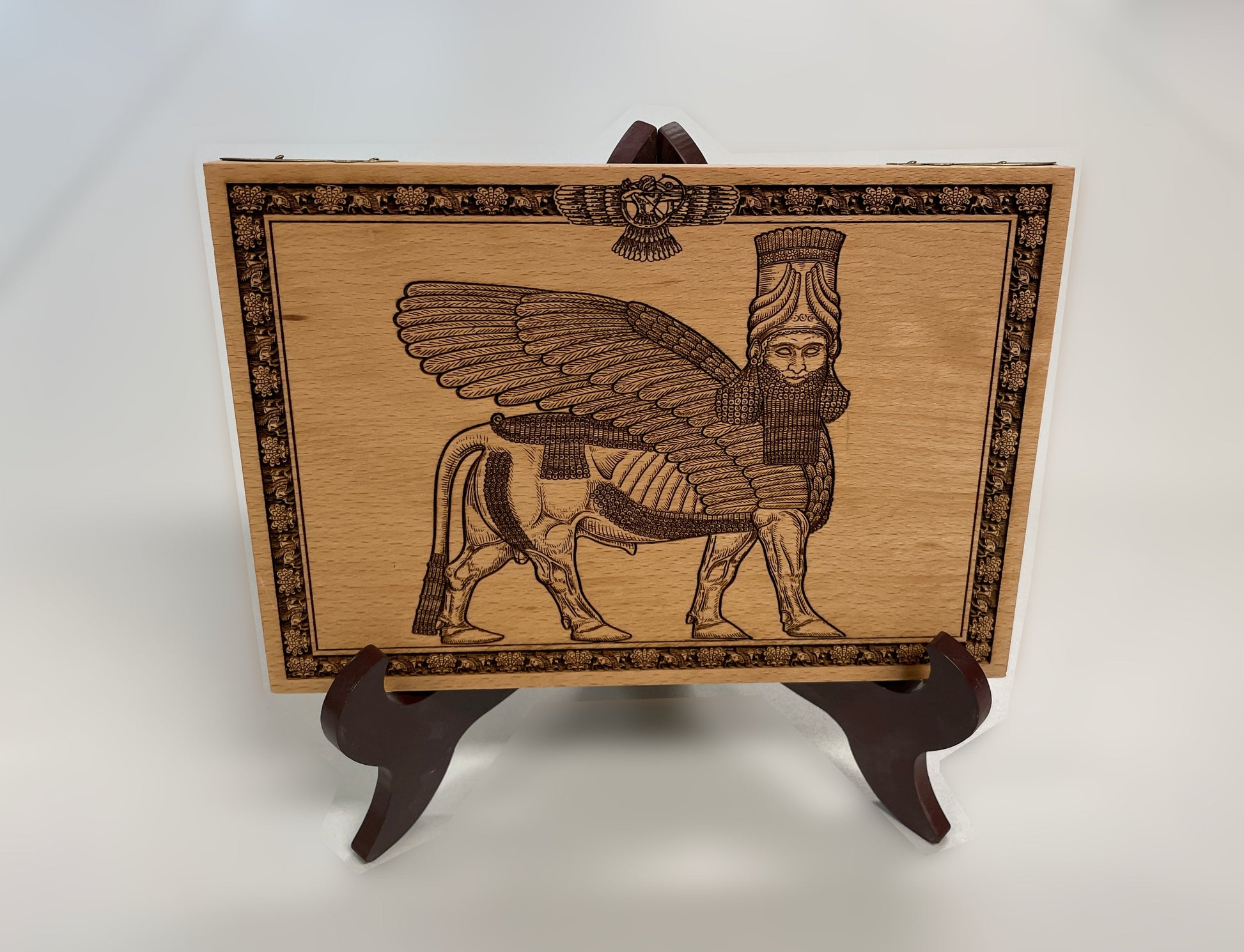 Anunnaki Lamassu wall art engraved in solid beech wood ancient Assyrian winged guardian