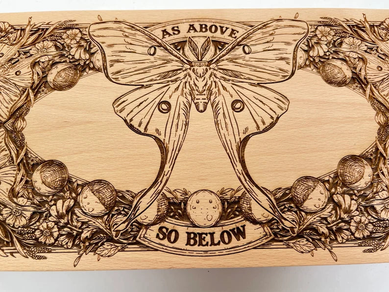 Wiccan altar table engraved with As Above So Below and Luna Moth handmade in Netherlands ships to USA
