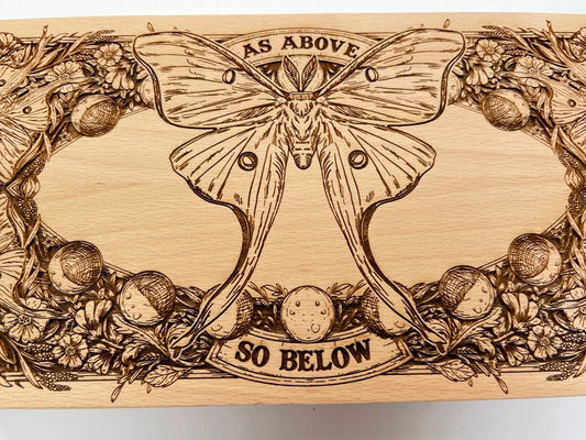 Wiccan altar table engraved with As Above So Below and Luna Moth handmade in Netherlands ships to USA
