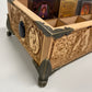 Close up of engraved tarot Major Arcana artwork on multiple deck organizer wooden box
