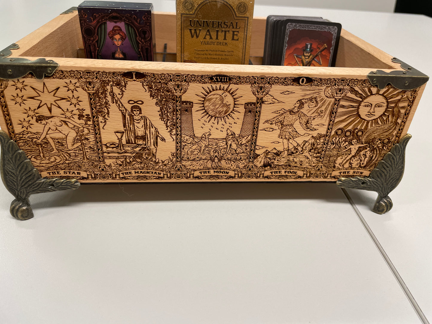 Engraved oracle and tarot Major Arcana artwork on multiple deck organizer wooden box
