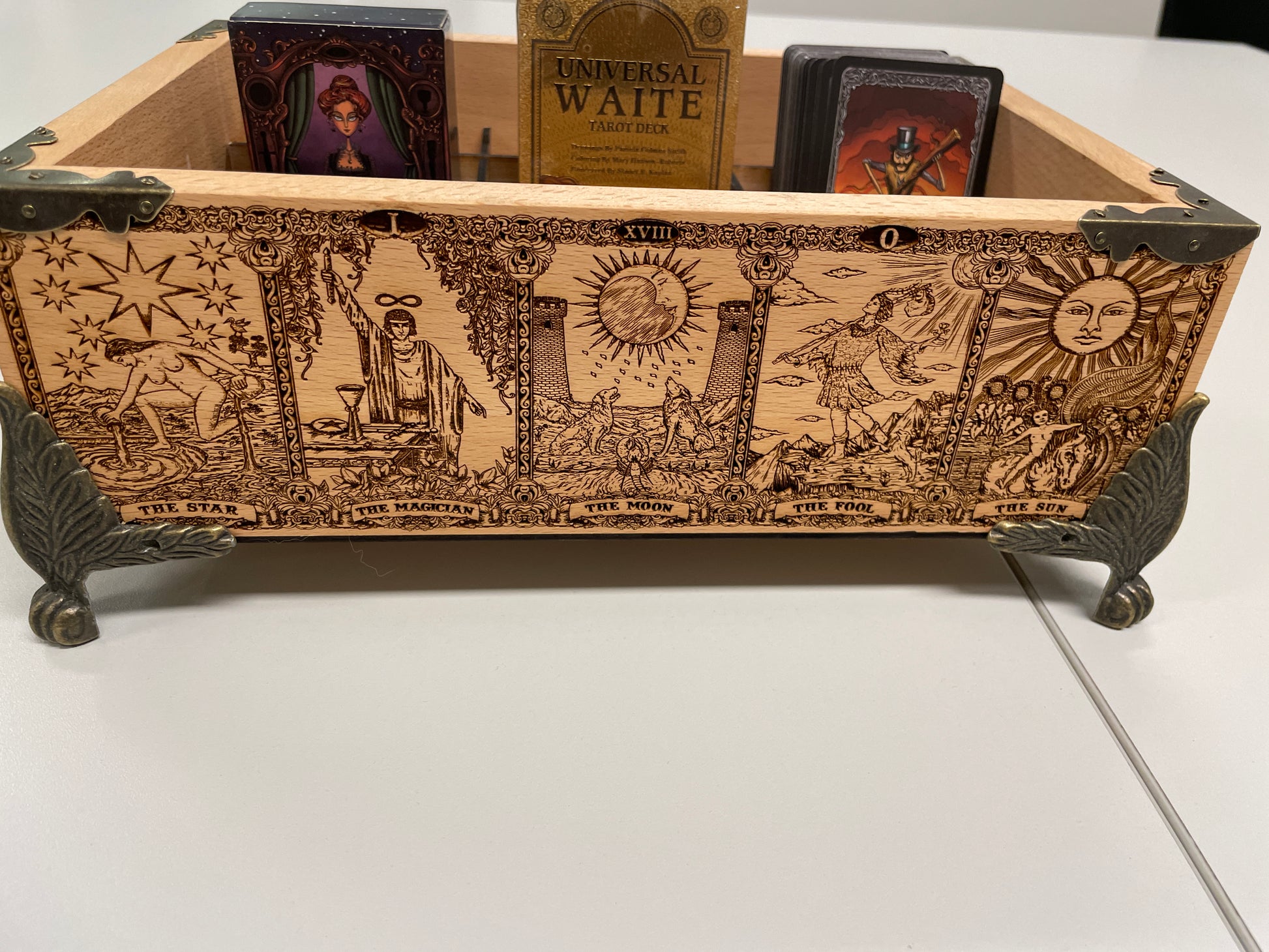 Engraved oracle and tarot Major Arcana artwork on multiple deck organizer wooden box
