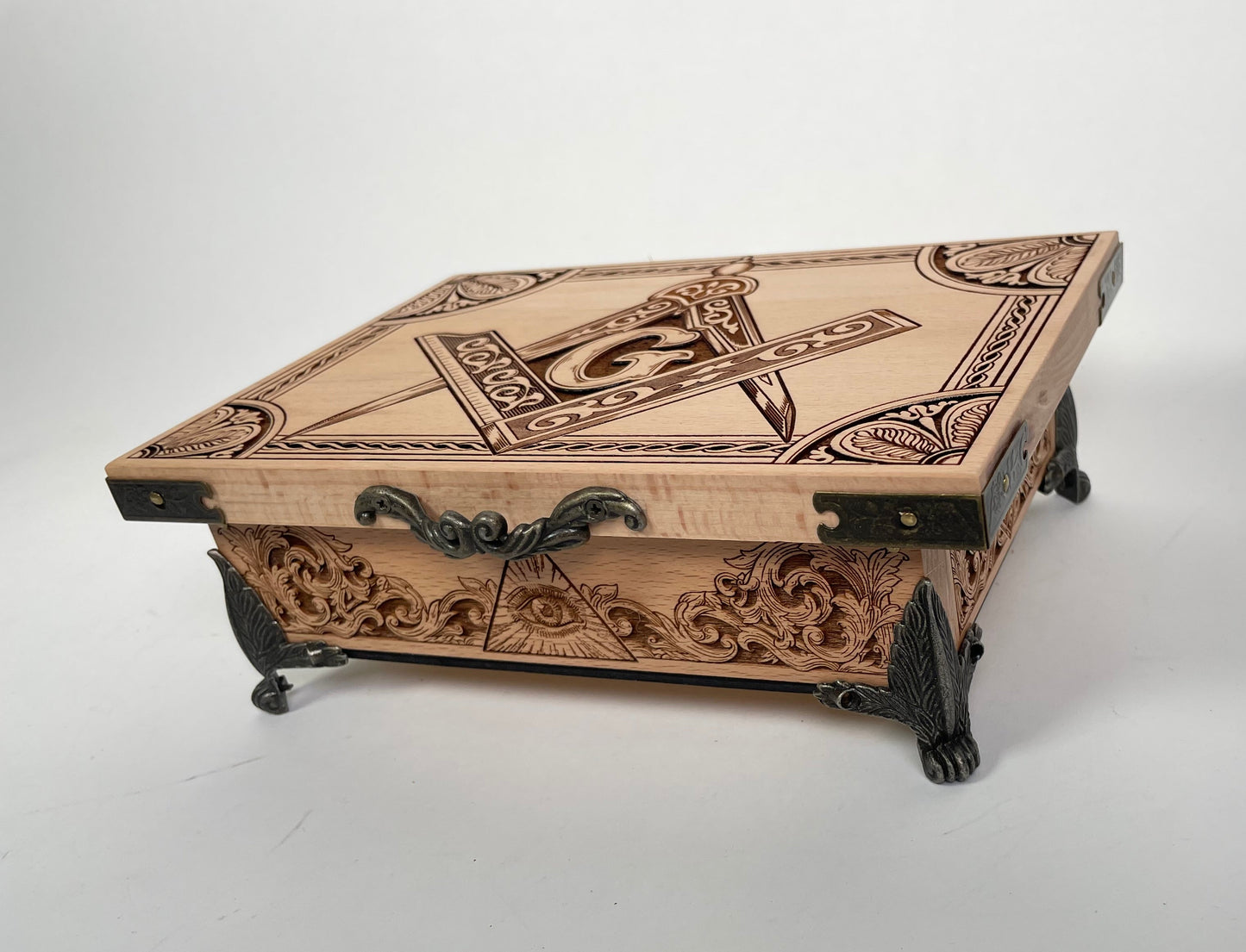 Handmade engraved Freemason  chest displayed with sacred tools
