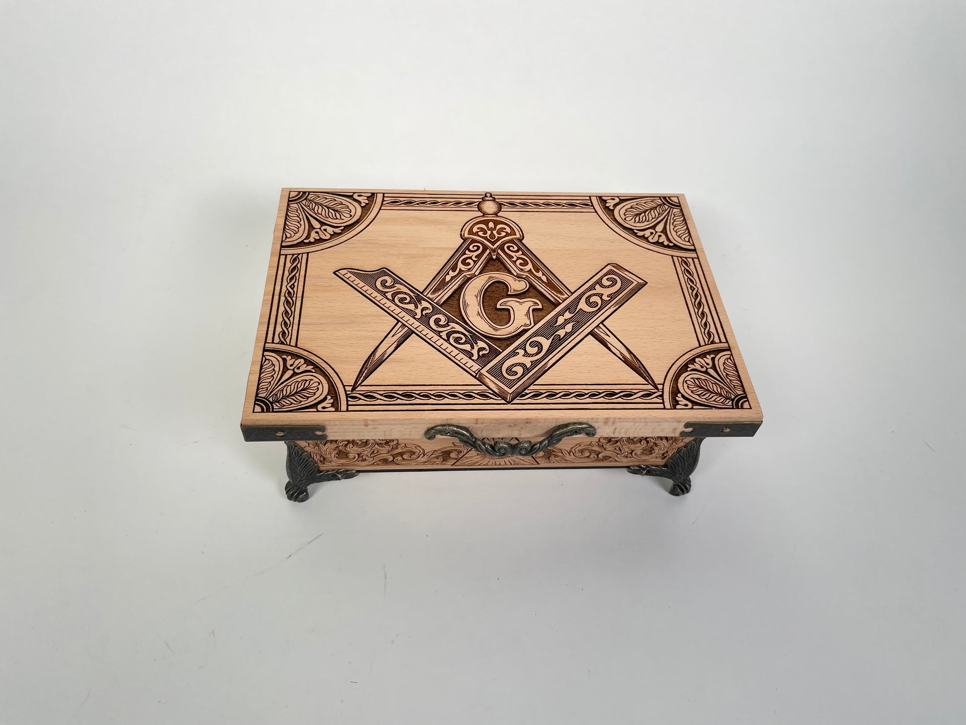 Freemason  box engraved solid wood with Masonic compass and square symbols
