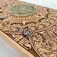 Mayan calendar engraved wooden wall art key holder with Aztec sun calendar design
