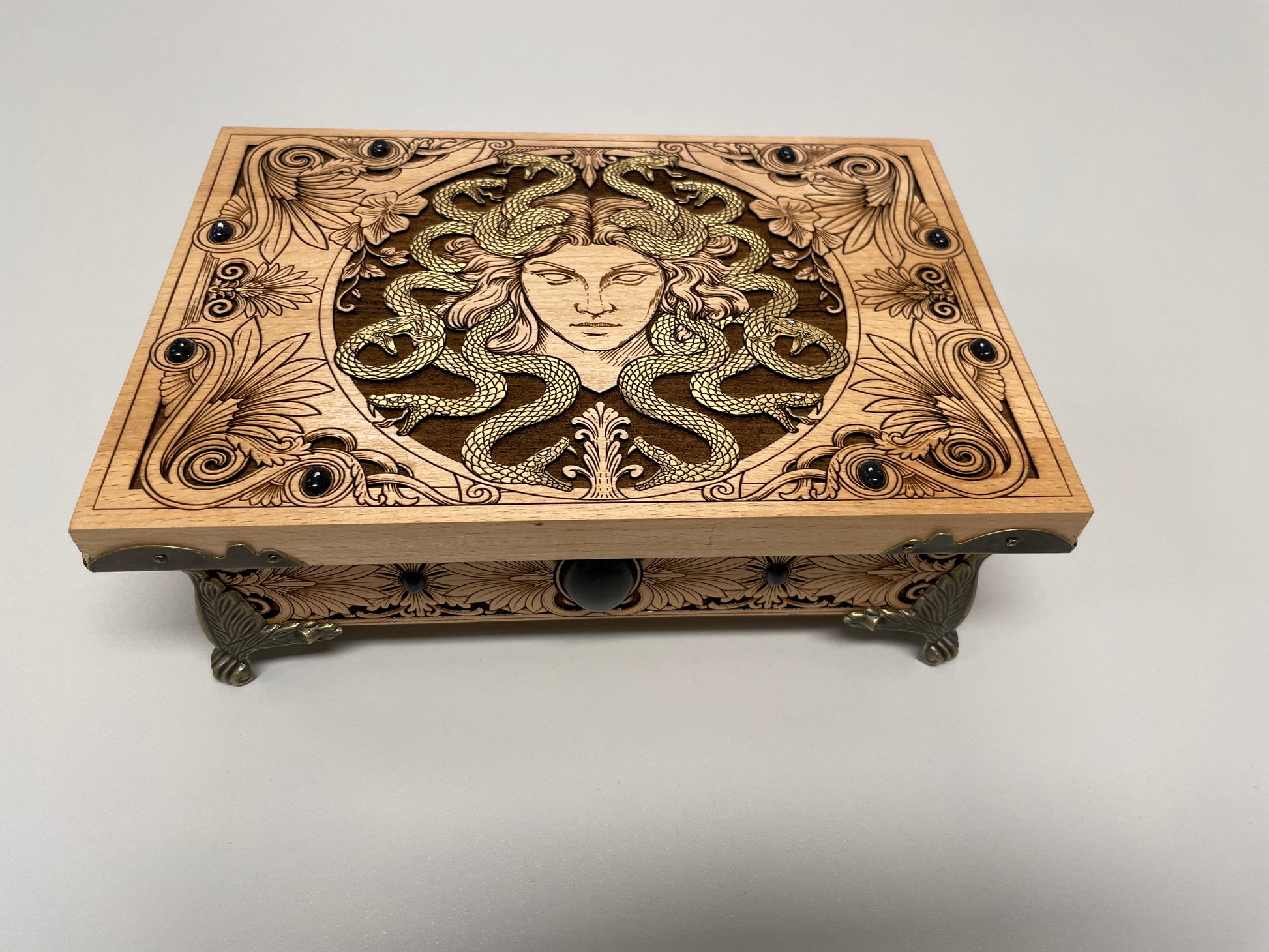 Medusa tarot deck holder box engraved on wood  and painted with Medusa design handmade Netherlands ships to USA
