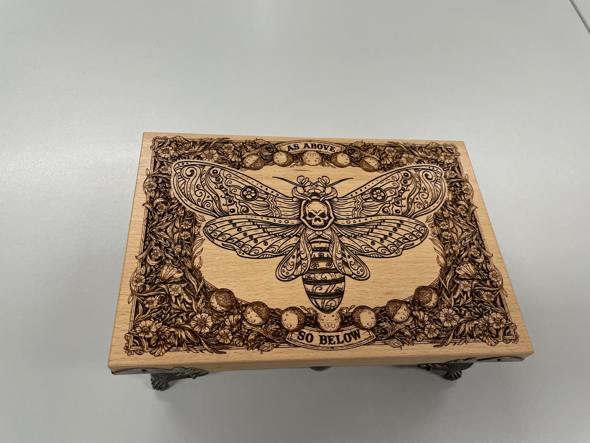 Tarot deck organizer engraved with Death’s-Head Hawk Moth and As Above So Below on solid wood