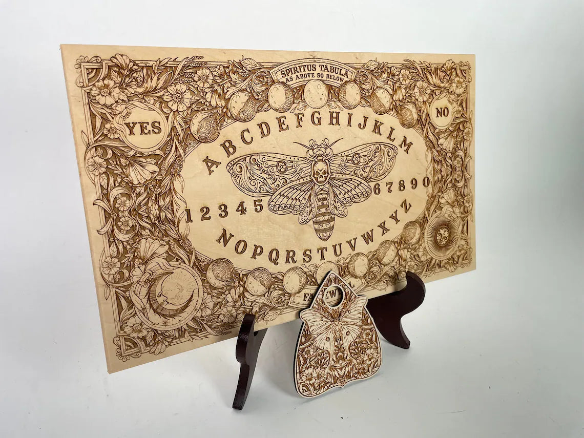Death’s-Head Hawk Moth Ouija board engraved on wood with sun and moon planchette handmade Netherlands ships to USA
