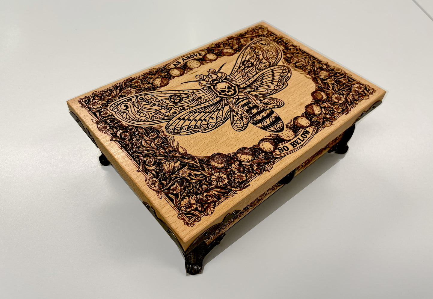Tarot deck holder engraved with Death’s-Head Hawk Moth and As Above So Below on solid wood