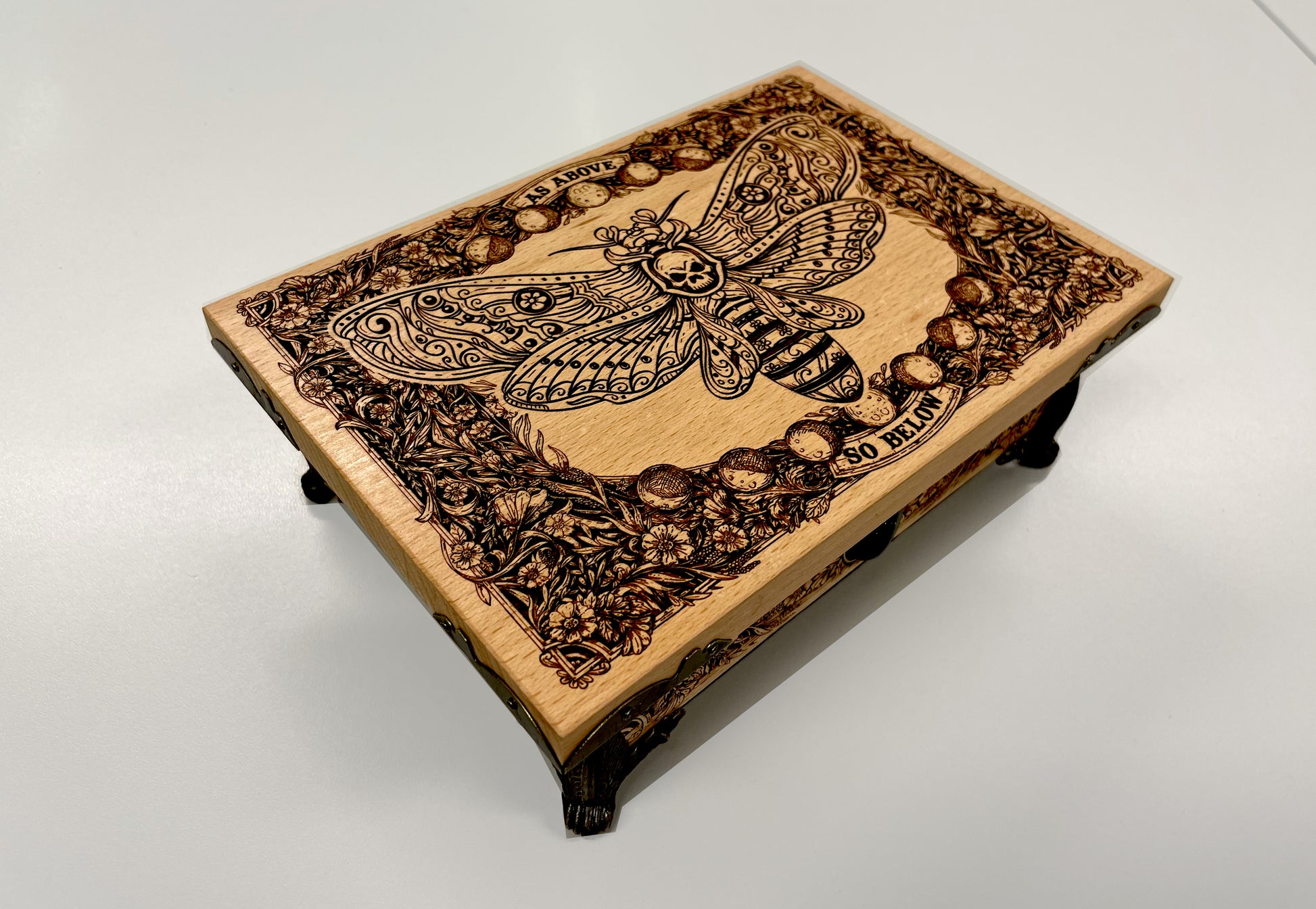 Tarot deck holder engraved with Death’s-Head Hawk Moth and As Above So Below on solid wood