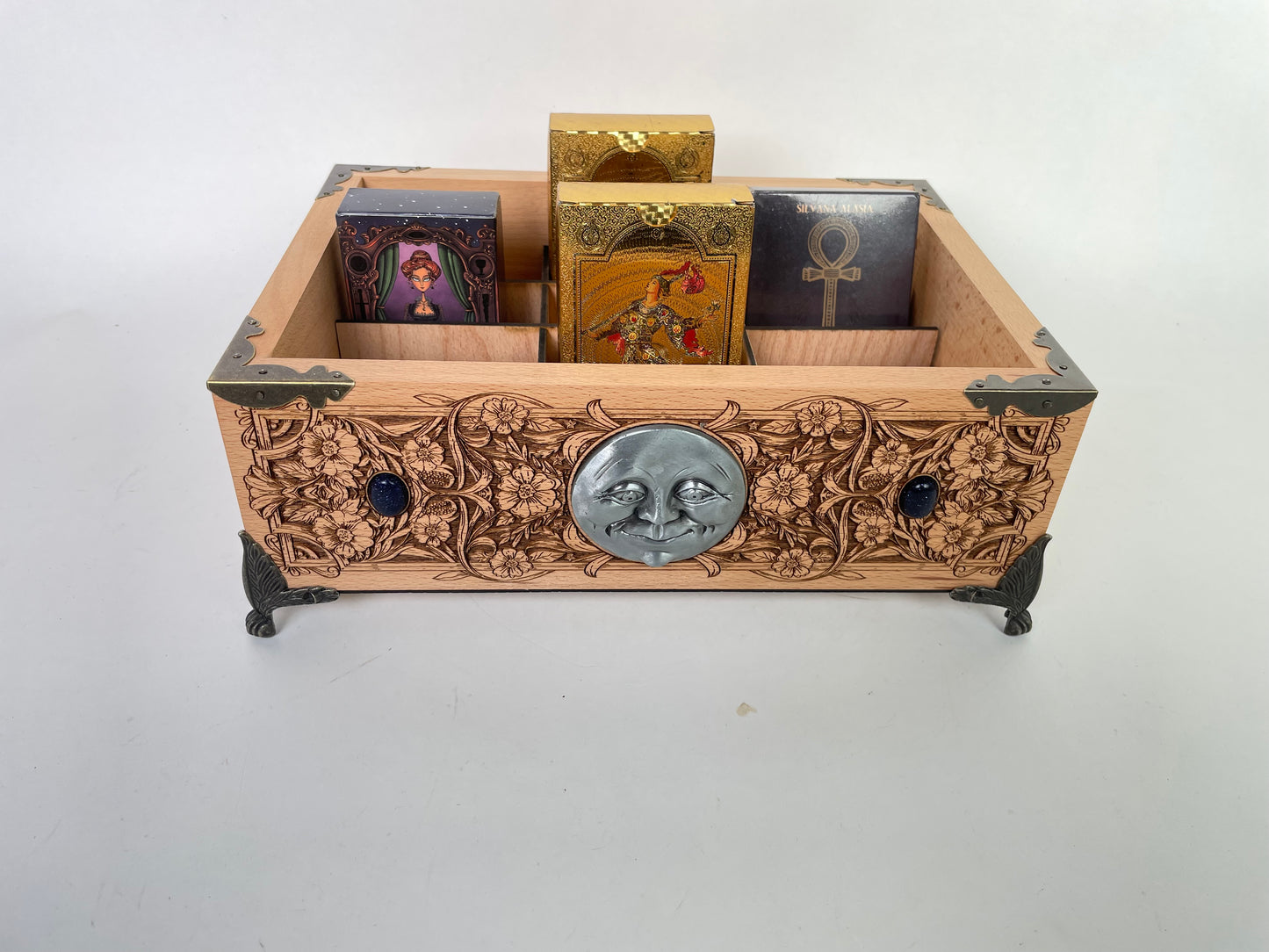 Multiple tarot and oracle deck organizer box engraved wood handmade Netherlands ships to USA
