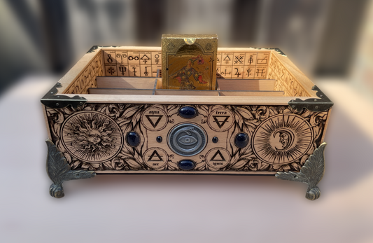 Tarot and oracle deck organizer wood box with 12 slots engraved alchemy symbols and orbital metal insert
