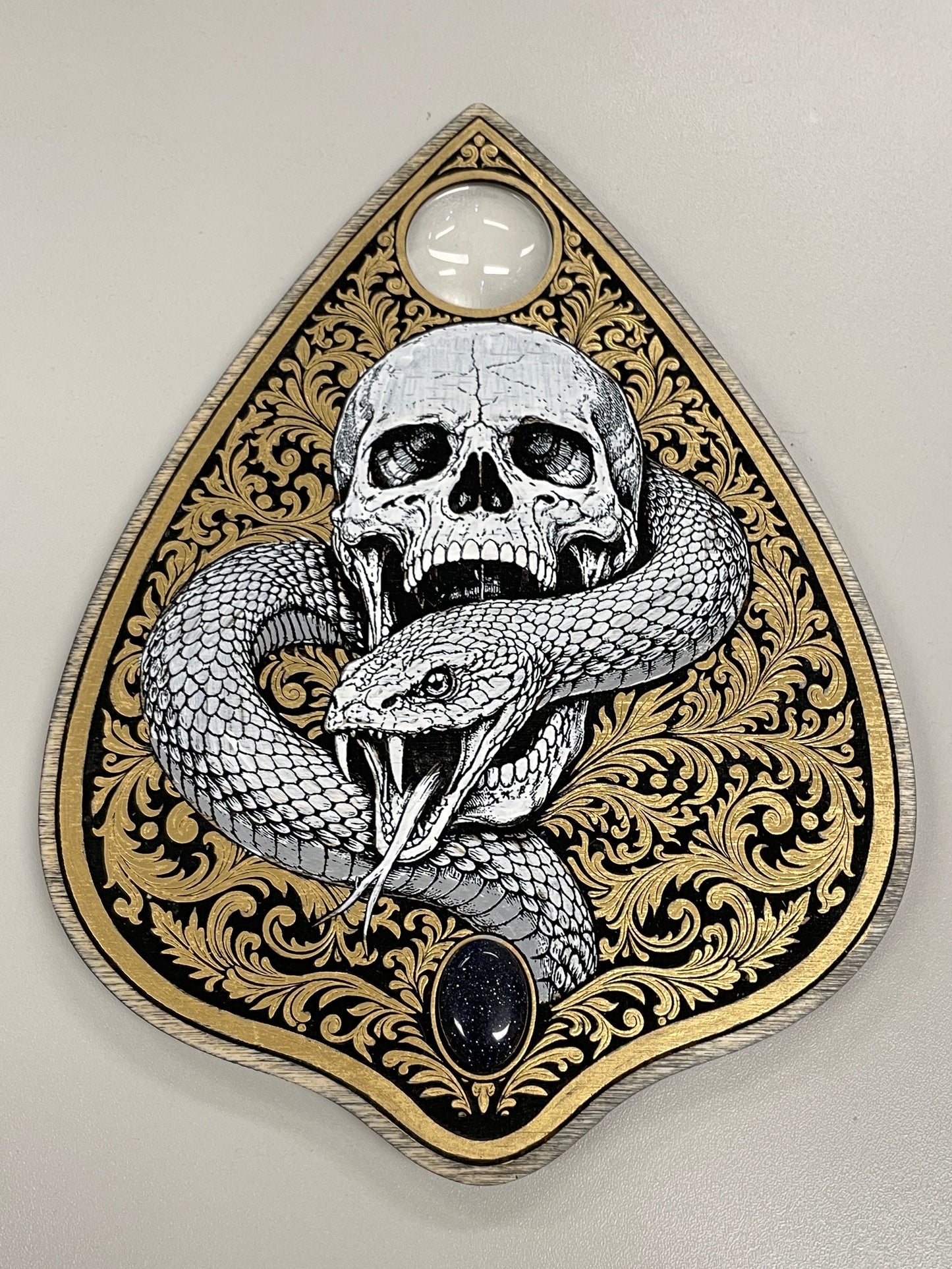 Gothic skull and snake Ouija planchette wall art hand painted spirit board decor
