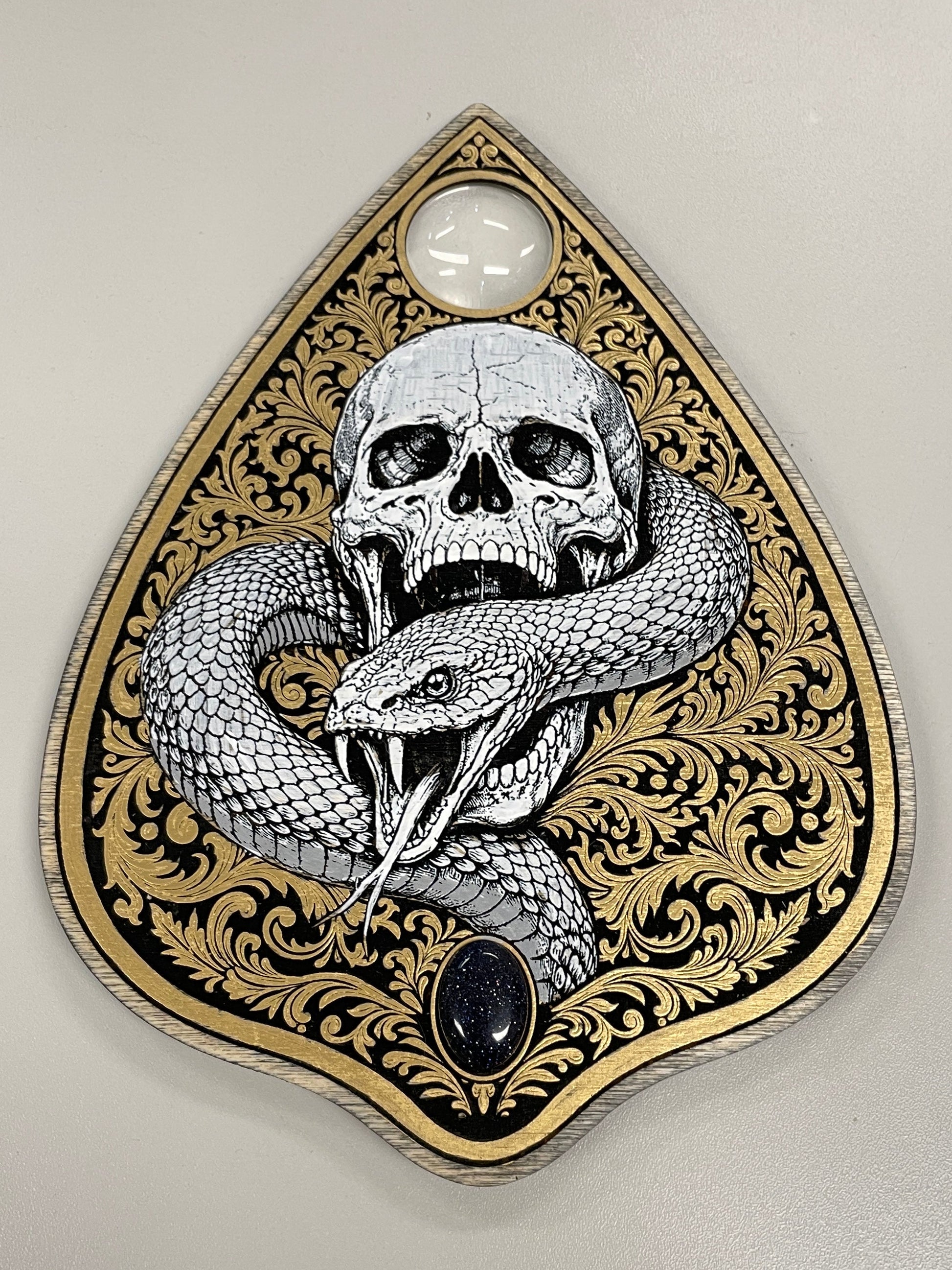 Gothic skull and snake Ouija planchette wall art hand painted spirit board decor