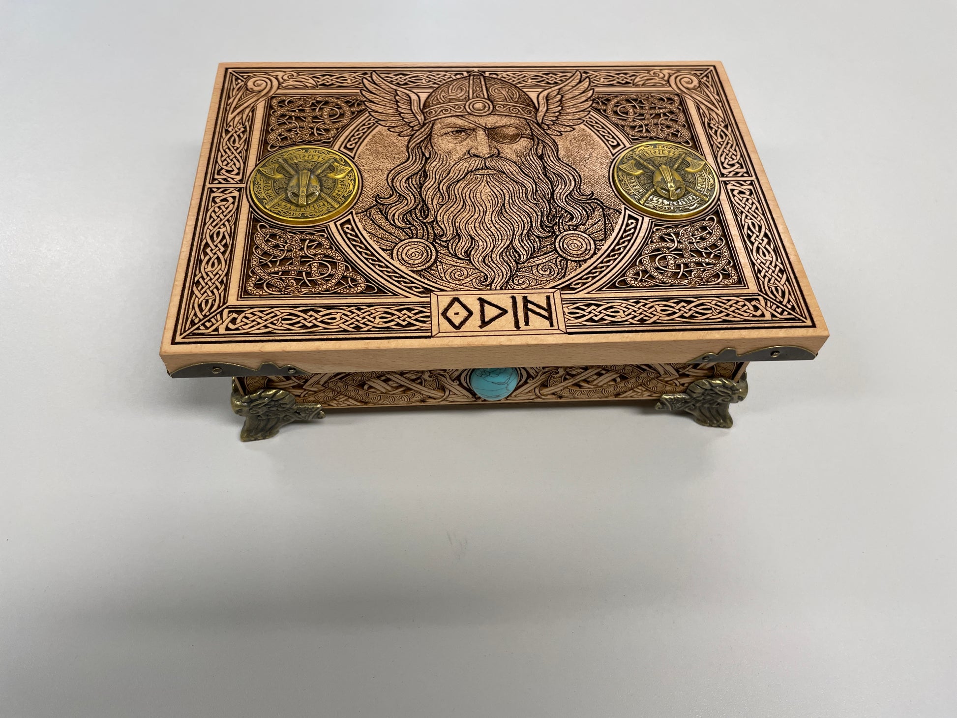 Odin Viking altar box engraved on solid beech wood with Norse symbolism handmade Netherlands ships to USA
