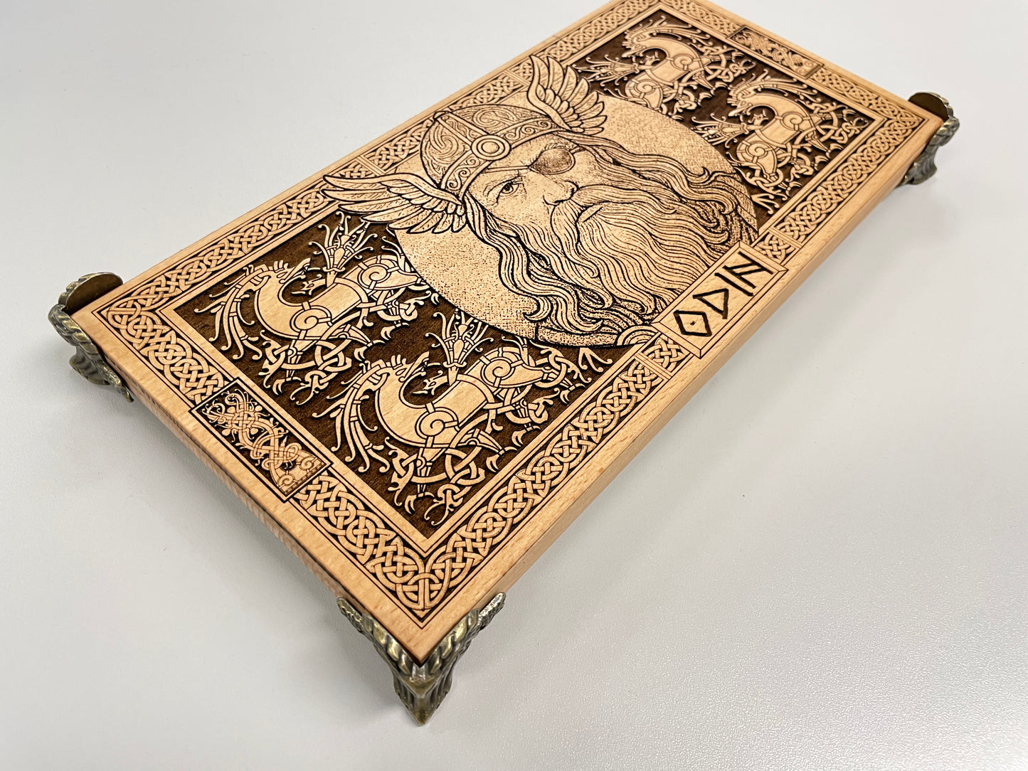 Odin Viking altar board engraved on solid wood with Norse symbols