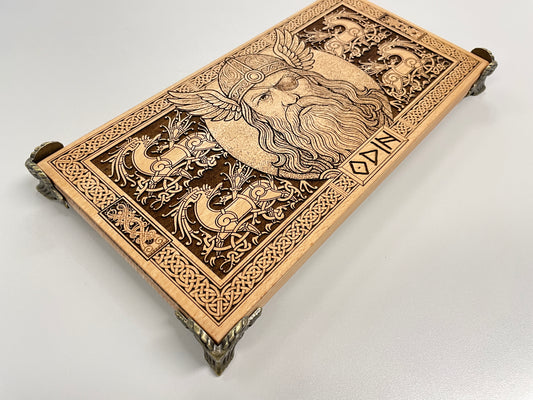 Odin Viking altar board engraved on solid wood with Norse symbols