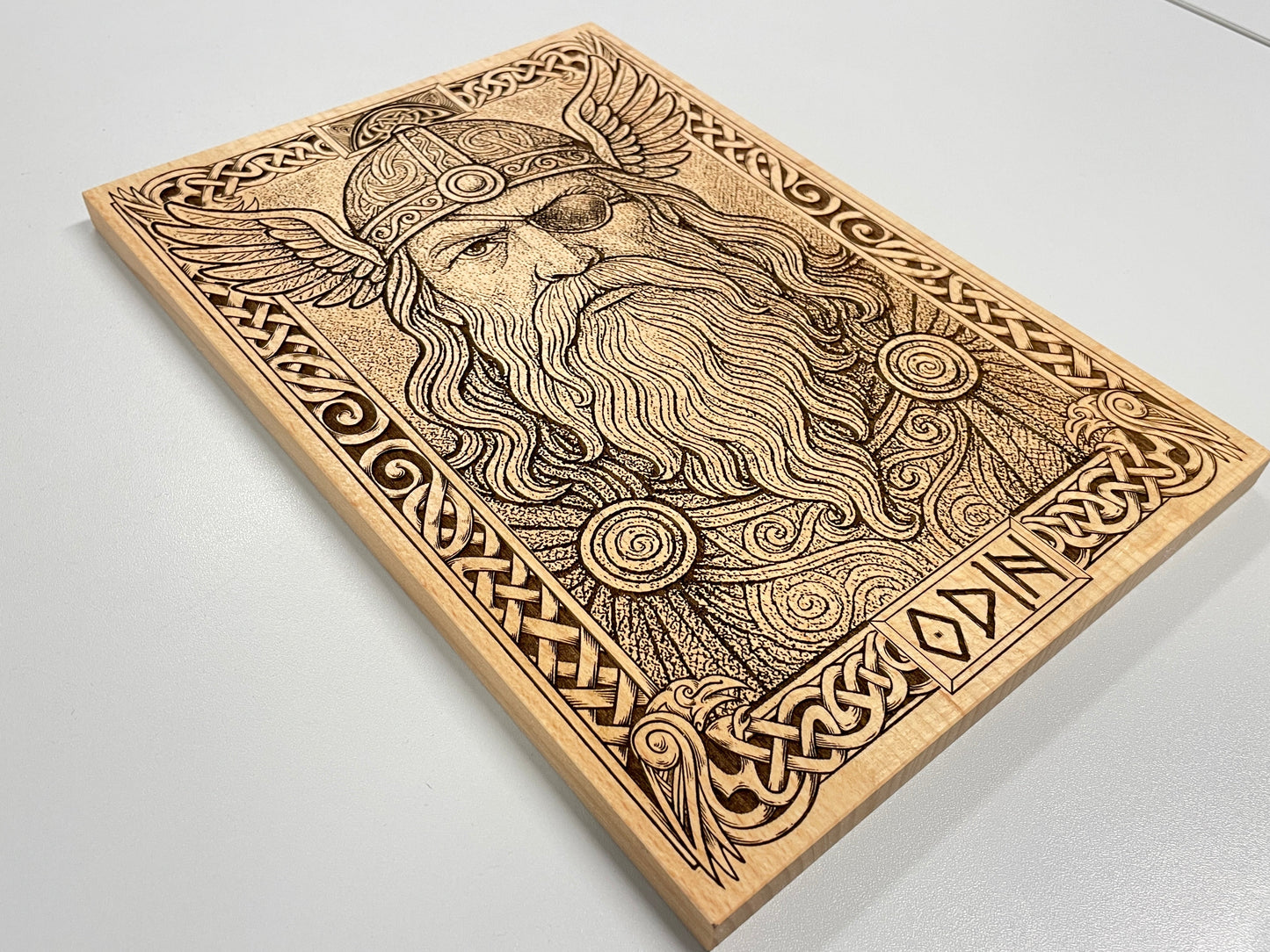 Deep engraved Odin Allfather wall art for pagan altar and mythological interior design
